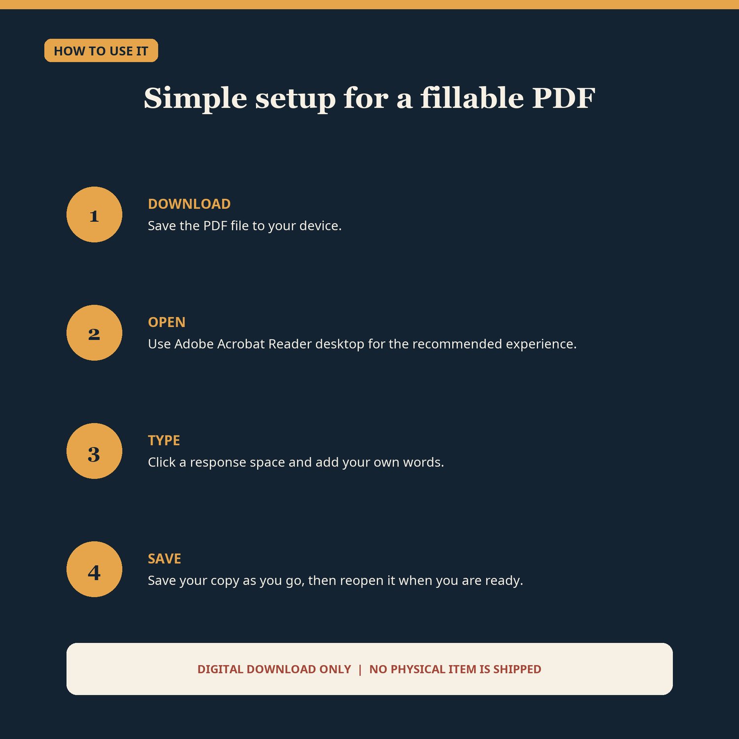 Four steps for using the fillable PDF: download, open, type, and save, with a note that no physical item is shipped.