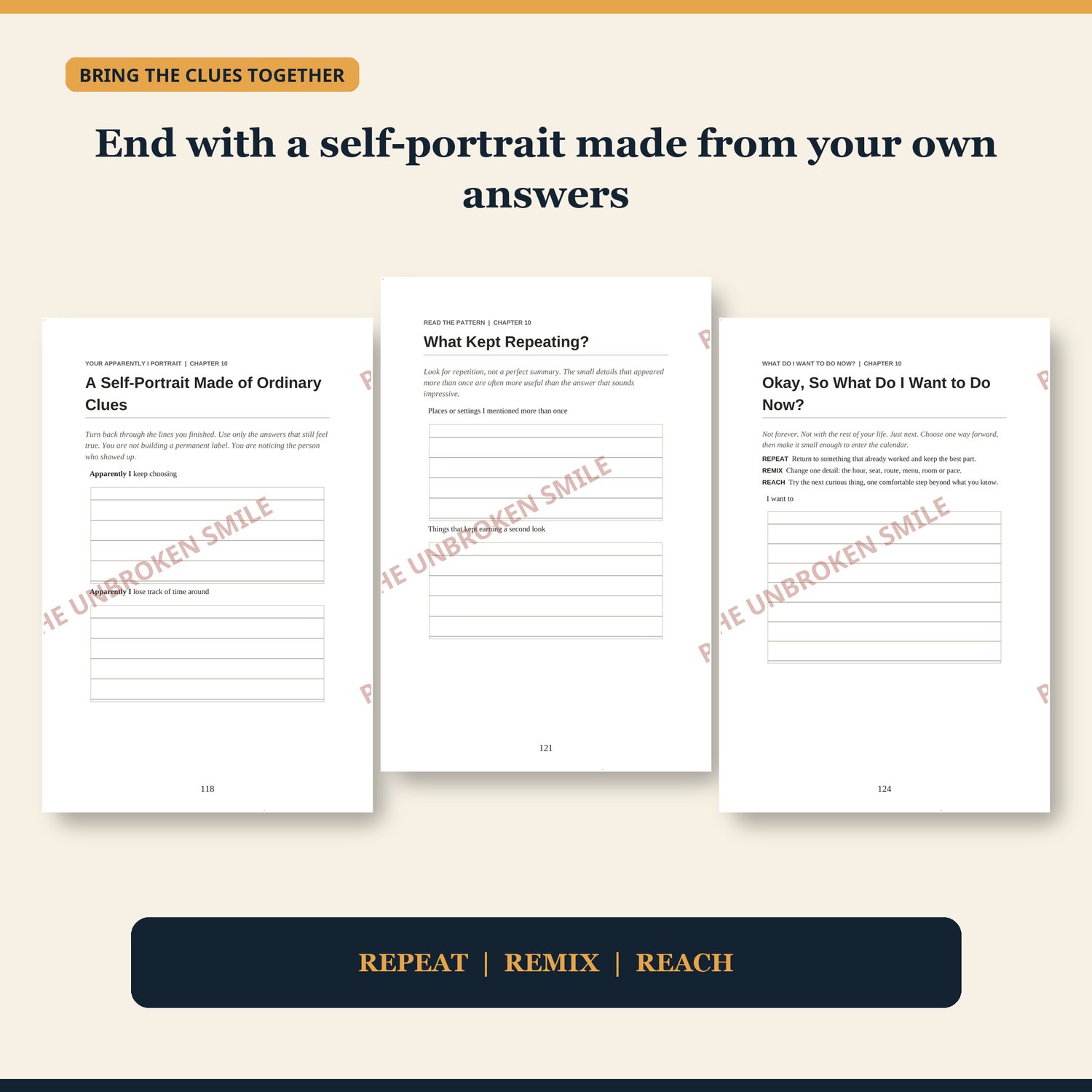 Three watermarked real interior pages showing the Apparently I self-portrait, repeating patterns, and next-step plan.
