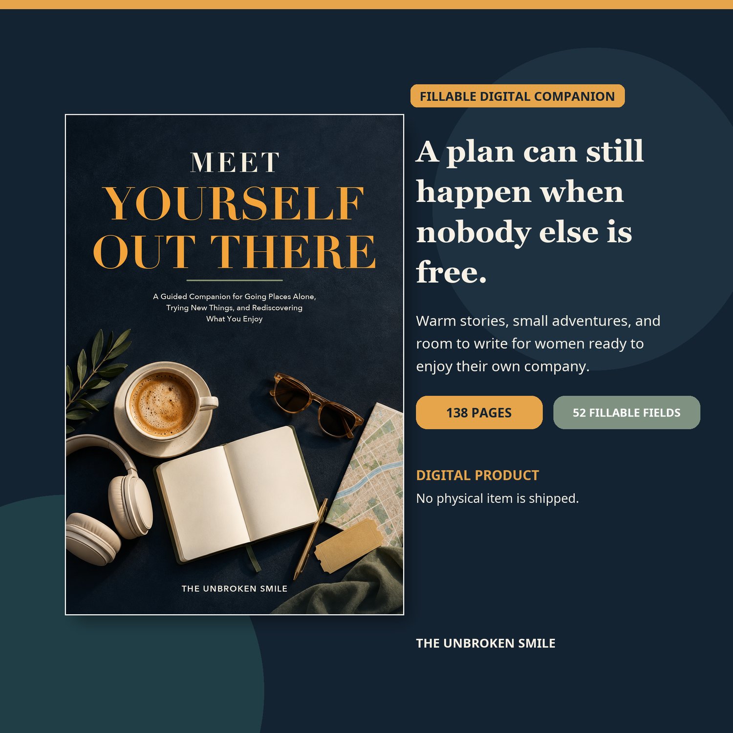 Front cover of Meet Yourself Out There beside text describing a 138-page fillable digital companion with 52 fields for adult women.