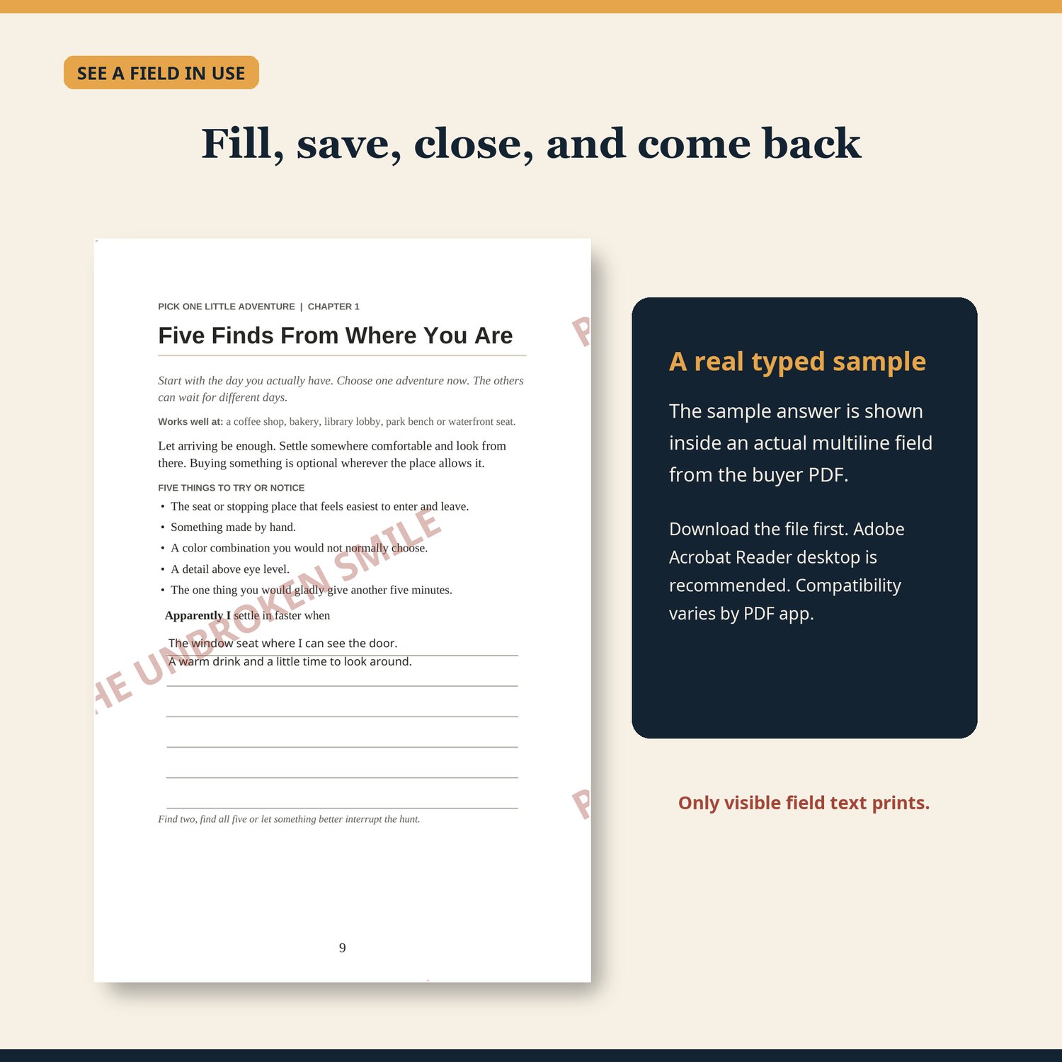 Watermarked real interior page showing a sample typed answer inside an actual multiline response field.