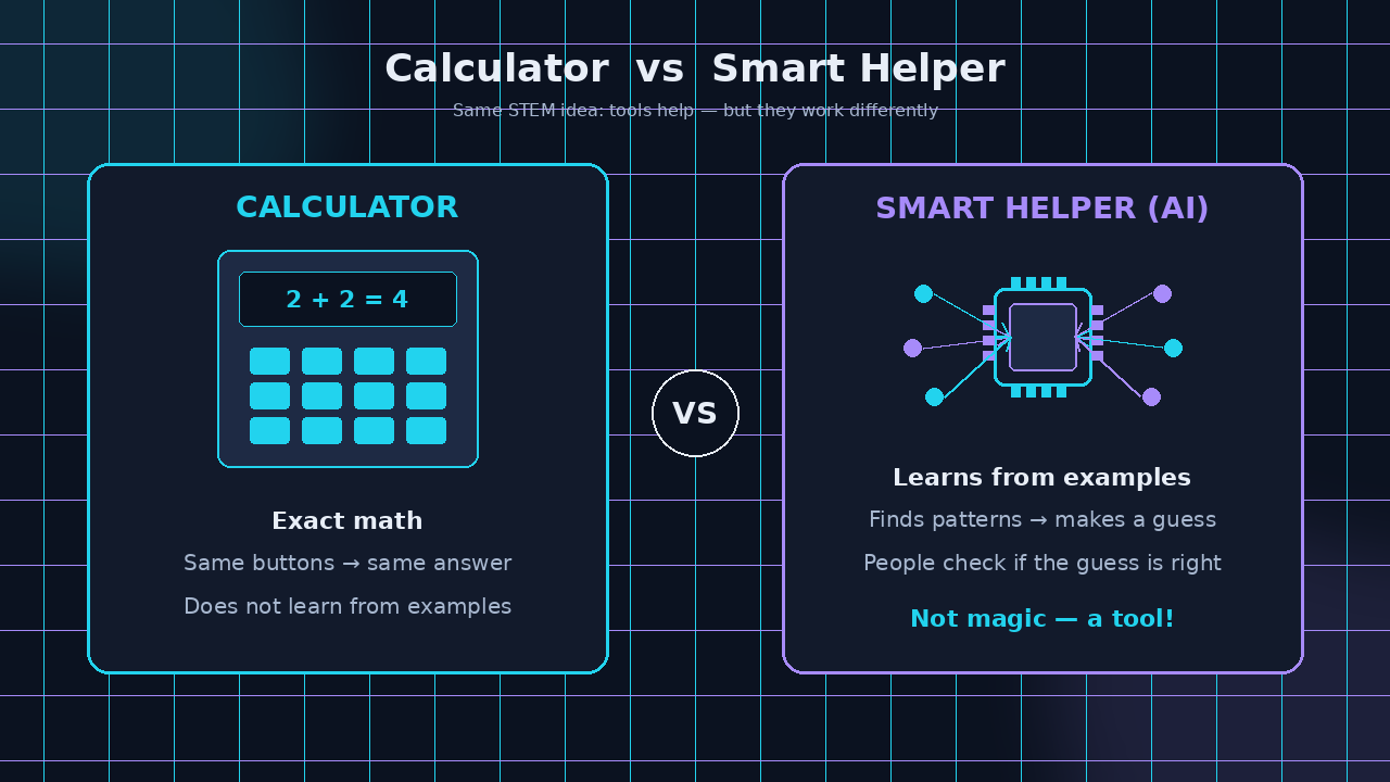 Diagram: calculator does exact math vs smart helper that learns from examples