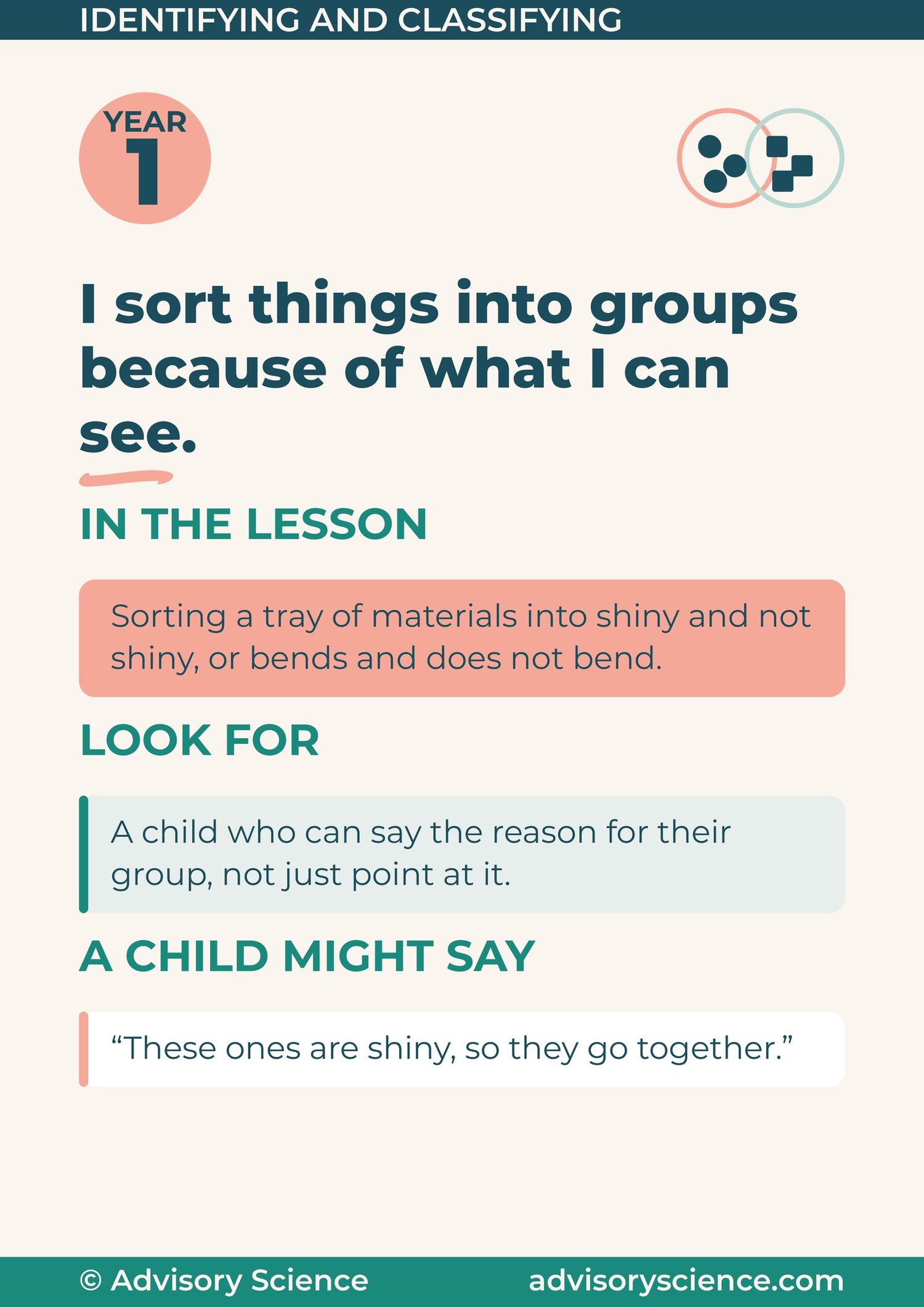 Year 1 working scientifically panel: I sort things into groups because of what I can see, with a lesson example and what to look for