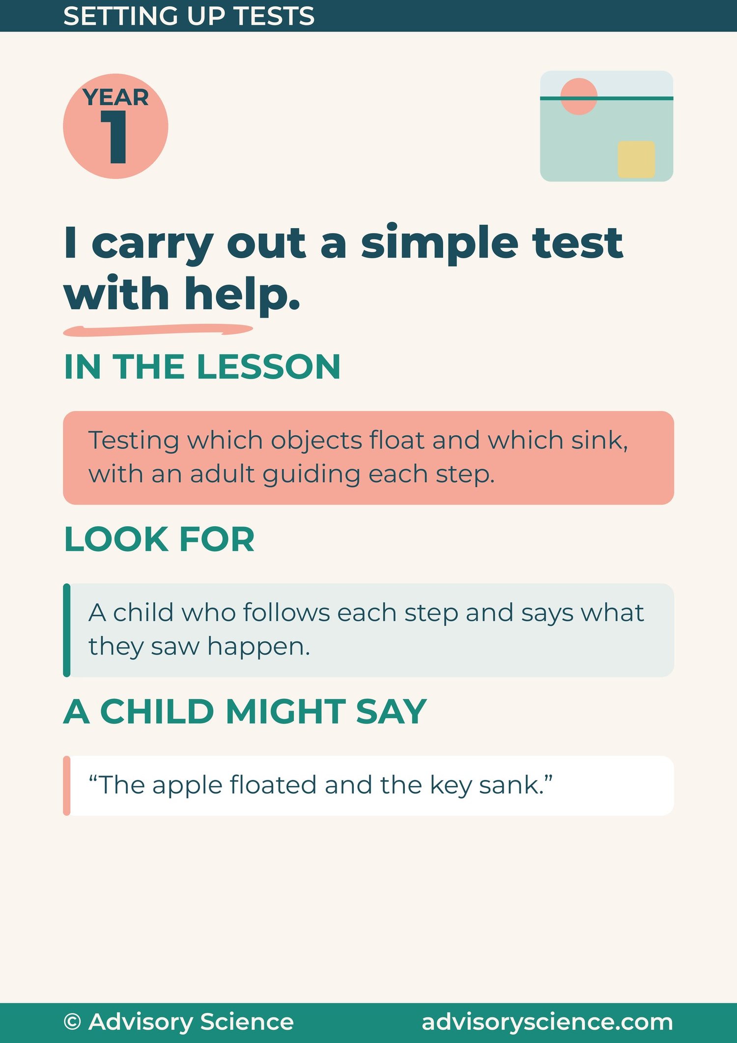Year 1 working scientifically panel: I carry out a simple test with help, with a lesson example and what to look for