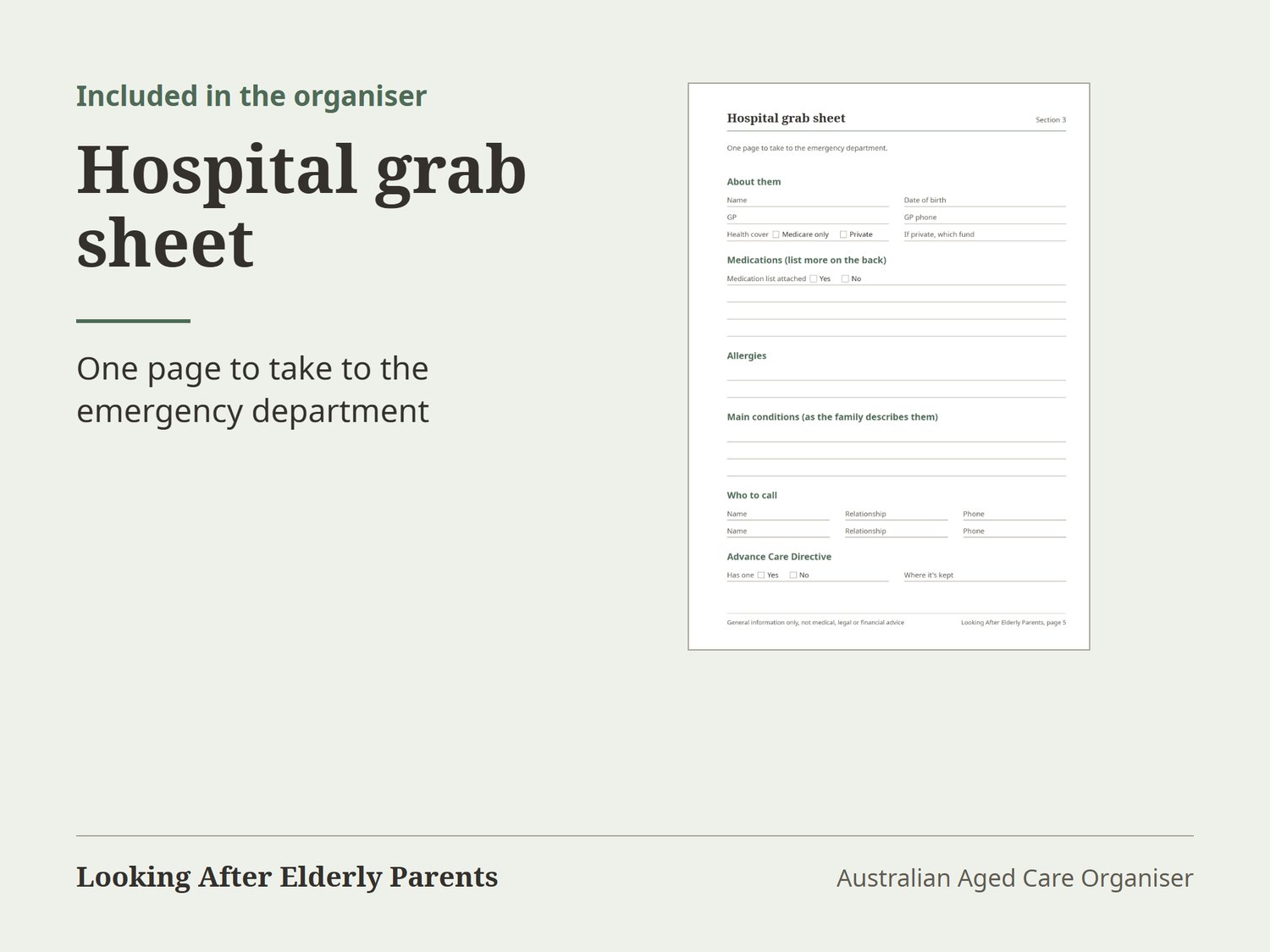 Hospital grab sheet page with spaces for your parent's GP, health cover, medications, allergies and who to call