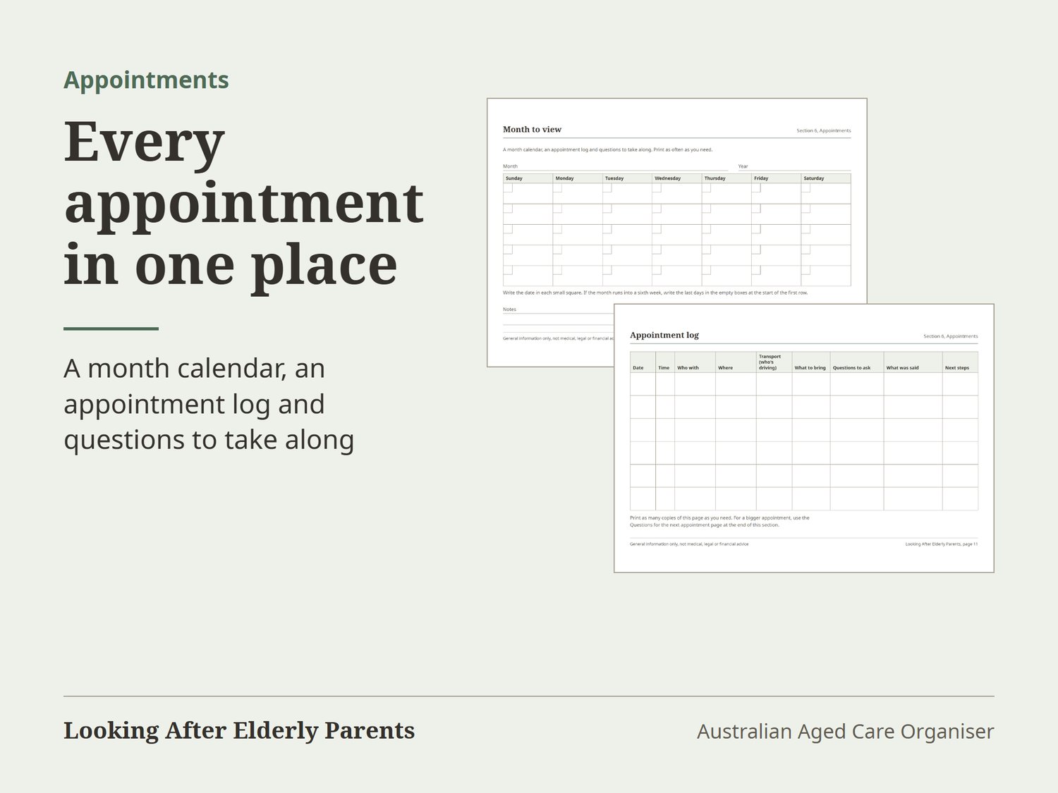 Month to view calendar from Sunday to Saturday, and an appointment log page