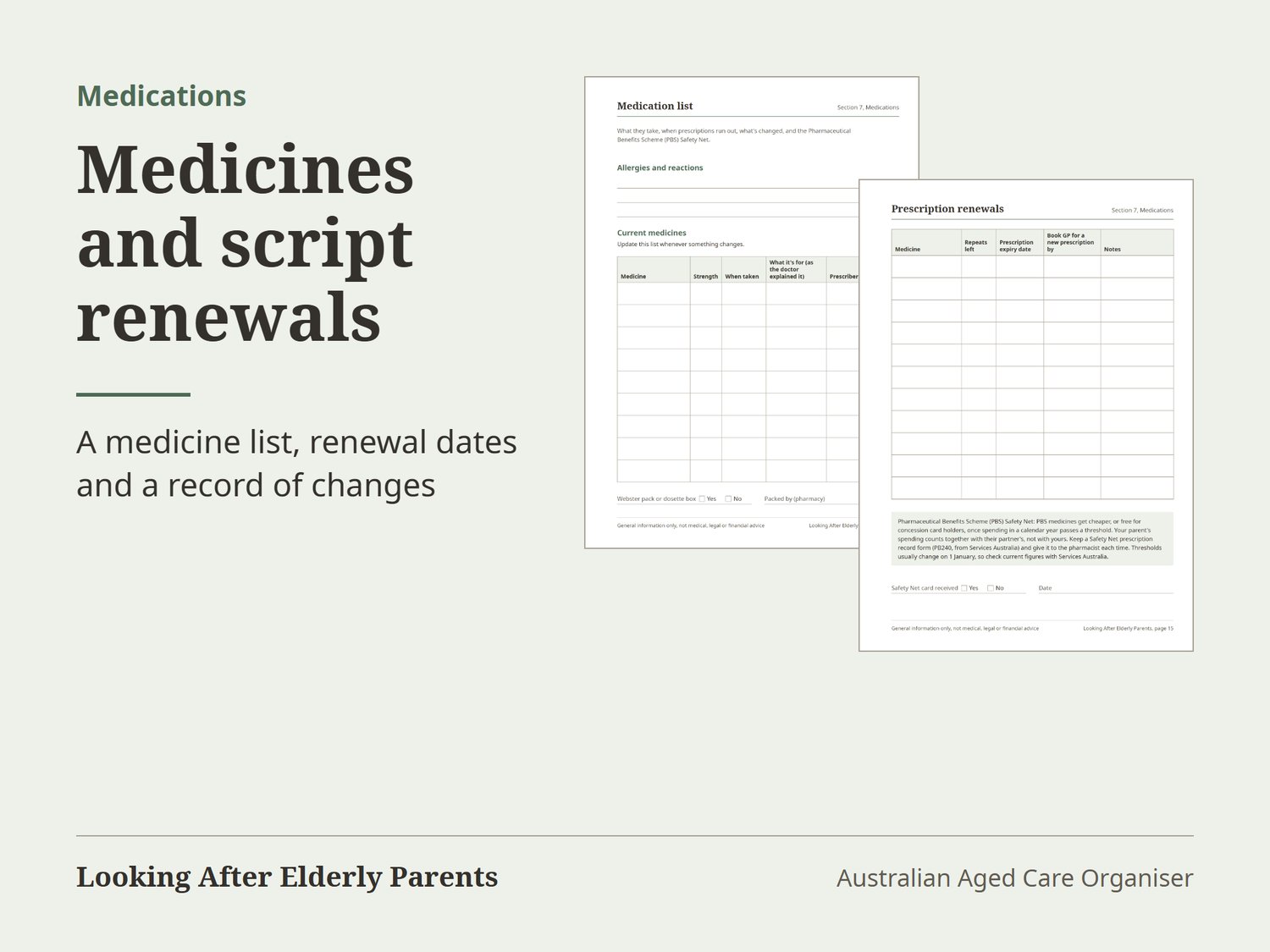 Medication list and prescription renewals pages, with a PBS Safety Net note