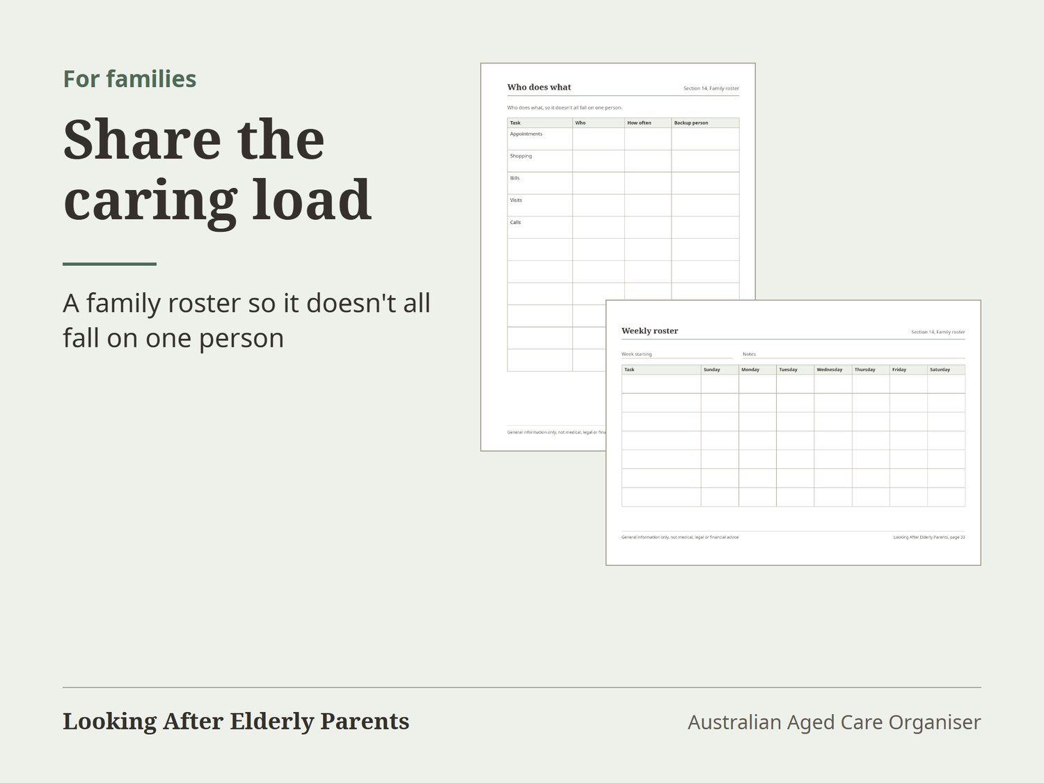 Who does what and weekly roster pages for sharing the caring between family