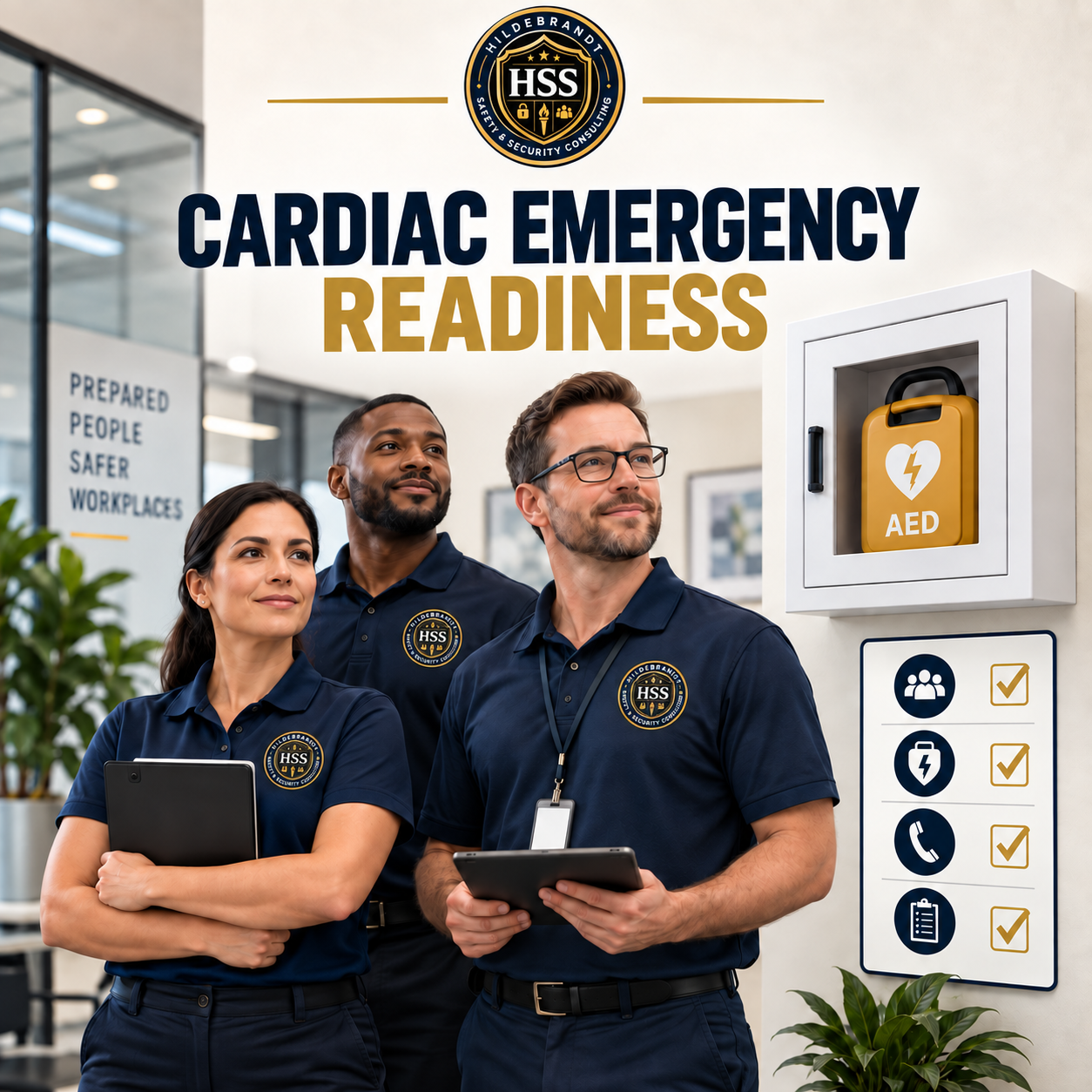 H.S.S. cardiac emergency readiness team beside a workplace AED, with official Hildebrandt Safety & Security Consulting emblems.