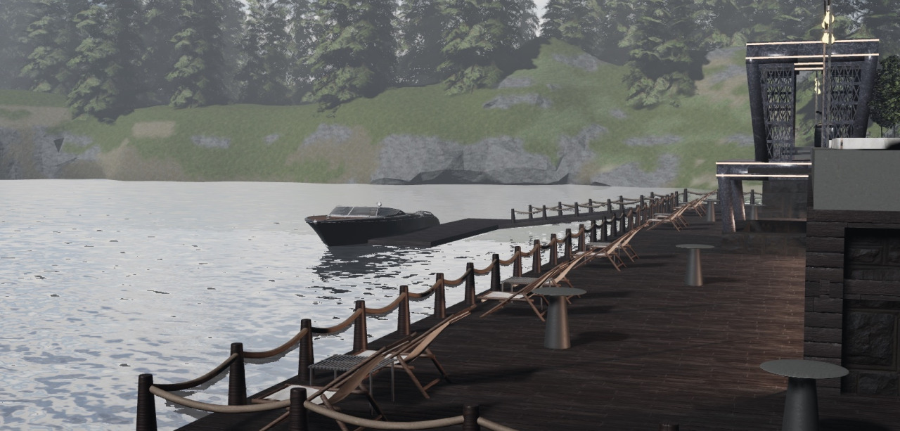 Lakeside modern nightclub exterior