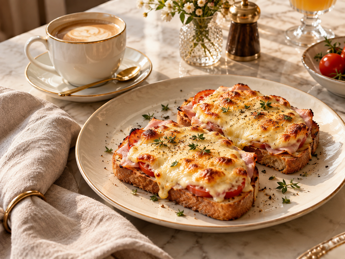 Überbackener Toast for two with ham, fresh tomato, melted Gouda-style cheese, herbs, and golden toasted bread, served with coffee on an elegant European-inspired breakfast table. A traditional German baked cheese toast recipe inspired by childhood morning