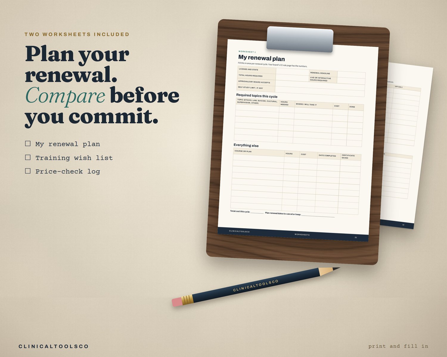 Renewal plan worksheet on a walnut clipboard with a pencil