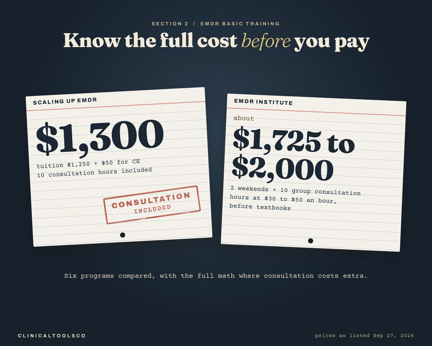 Index cards comparing EMDR basic training costs at Scaling Up EMDR and the EMDR Institute