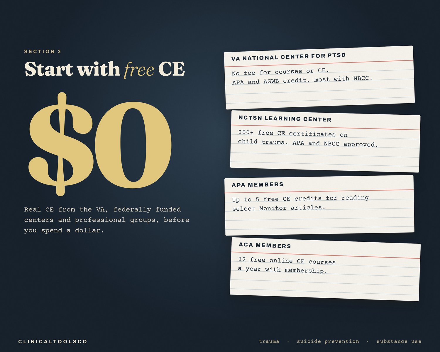 Free CE options from the VA National Center for PTSD, the NCTSN Learning Center, and APA and ACA member perks