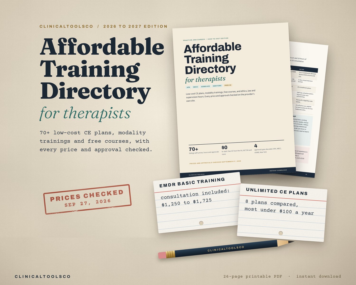 Cover and EMDR page of the Affordable Training Directory for Therapists on linen, with index cards for EMDR and CE plan prices and a Prices checked stamp