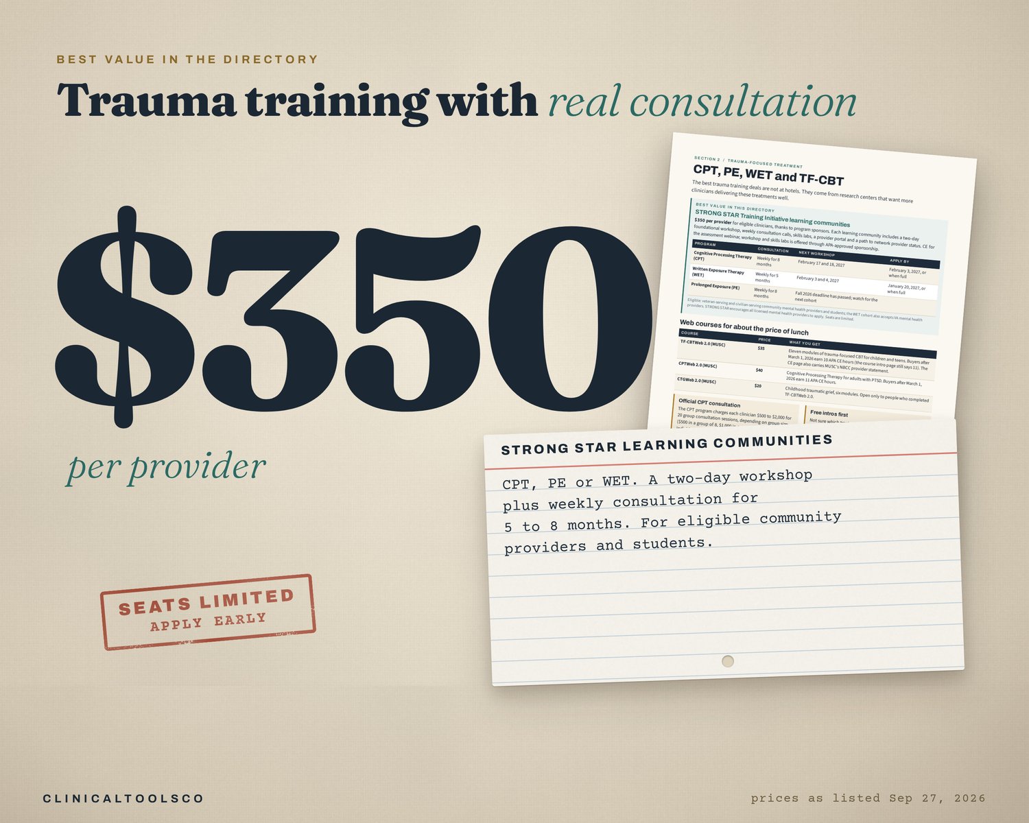 STRONG STAR learning communities for CPT, PE and WET at $350 per provider, with the trauma training page