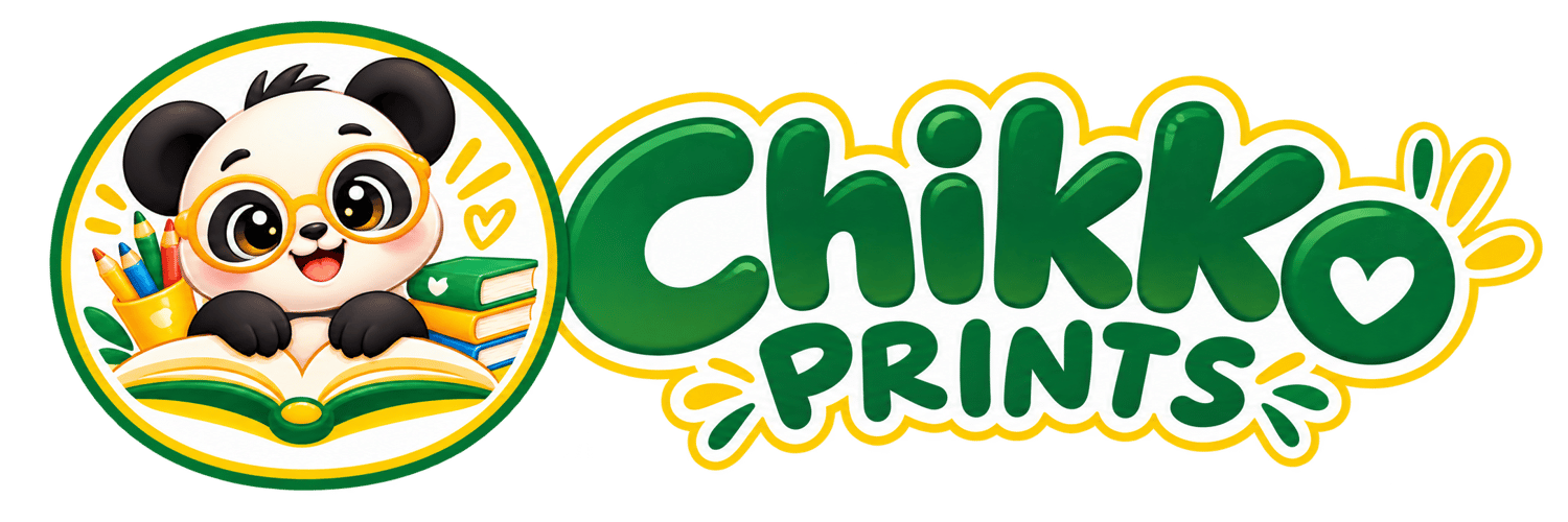 Chikko Prints logo with a cute panda mascot, colorful books, and playful green and yellow educational branding for preschool learning printables.