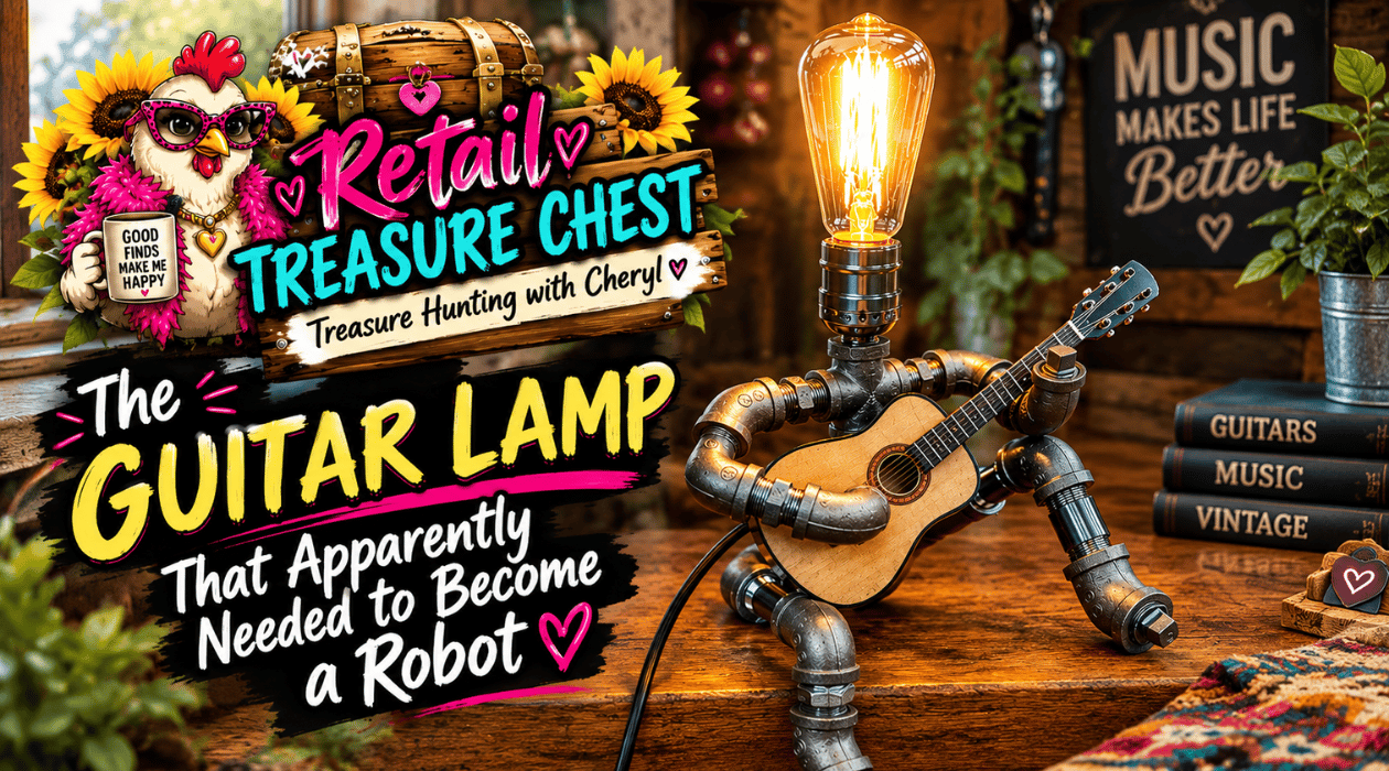 “Steampunk guitar pipe robot table lamp with a glowing Edison bulb and wooden guitar displayed on a rustic wooden table, surrounded by music-themed decor, sunflowers, treasure chest imagery, and Clucky Diva, with bold Retail Treasure Chest branding and th