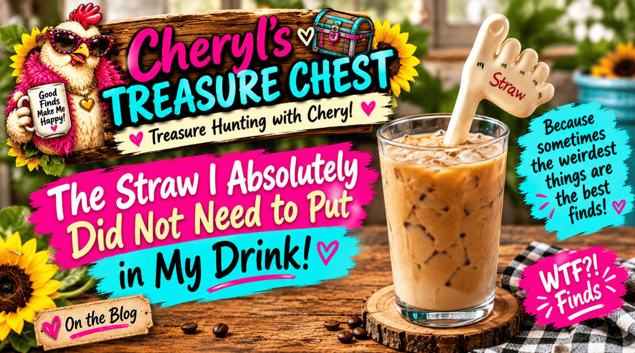 A playful Cheryl’s Treasure Chest graphic featuring a handmade ceramic foot-shaped drinking straw in an iced coffee, with Clucky Diva, sunflowers, a treasure chest, rustic wood accents, and bold pink and teal branding. The graphic highlights the weird and