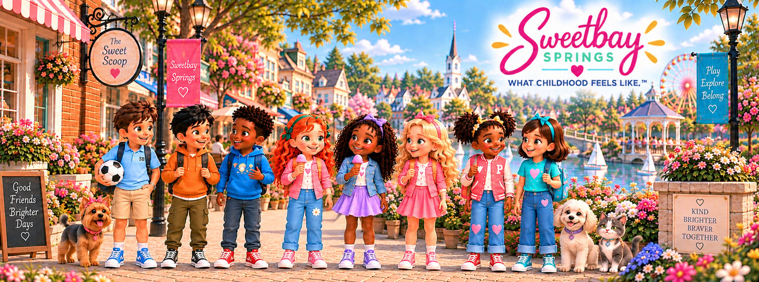 Eight smiling Sweetbay Springs children stand together in their colorful storybook town, with pets, flowers, a lake, and the Sweetbay Springs logo above them.