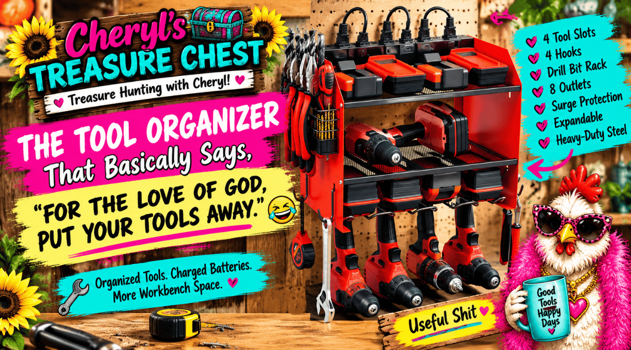 Colorful Retail Treasure Chest blog graphic featuring a red and black three-tier wall-mounted power tool organizer filled with drills, chargers, tools, hooks, and storage compartments. The graphic includes hot pink and teal branding, sunflowers, rustic wo