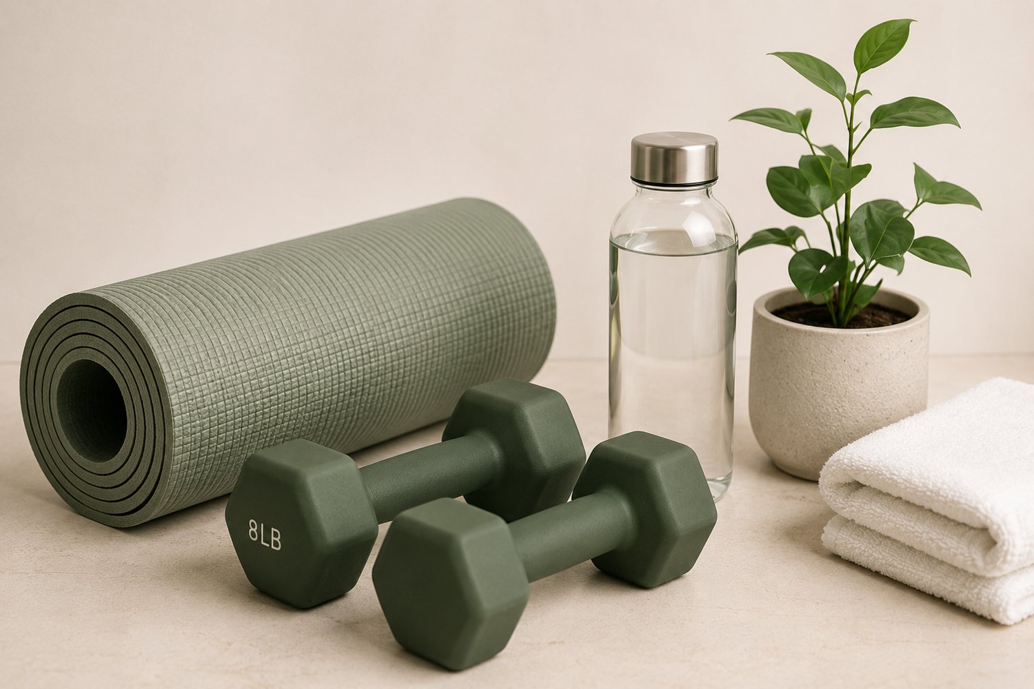 Sage green exercise mat and dumbbells beside a water bottle, folded towel, and potted plant.