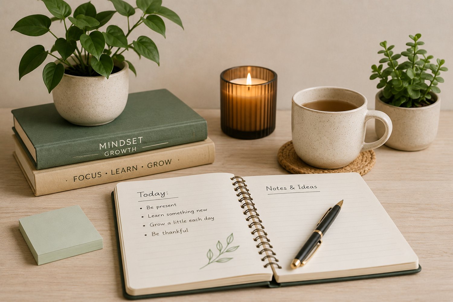Journal, pen, and warm drink arranged on a calm workspace for reflection and personal growth.