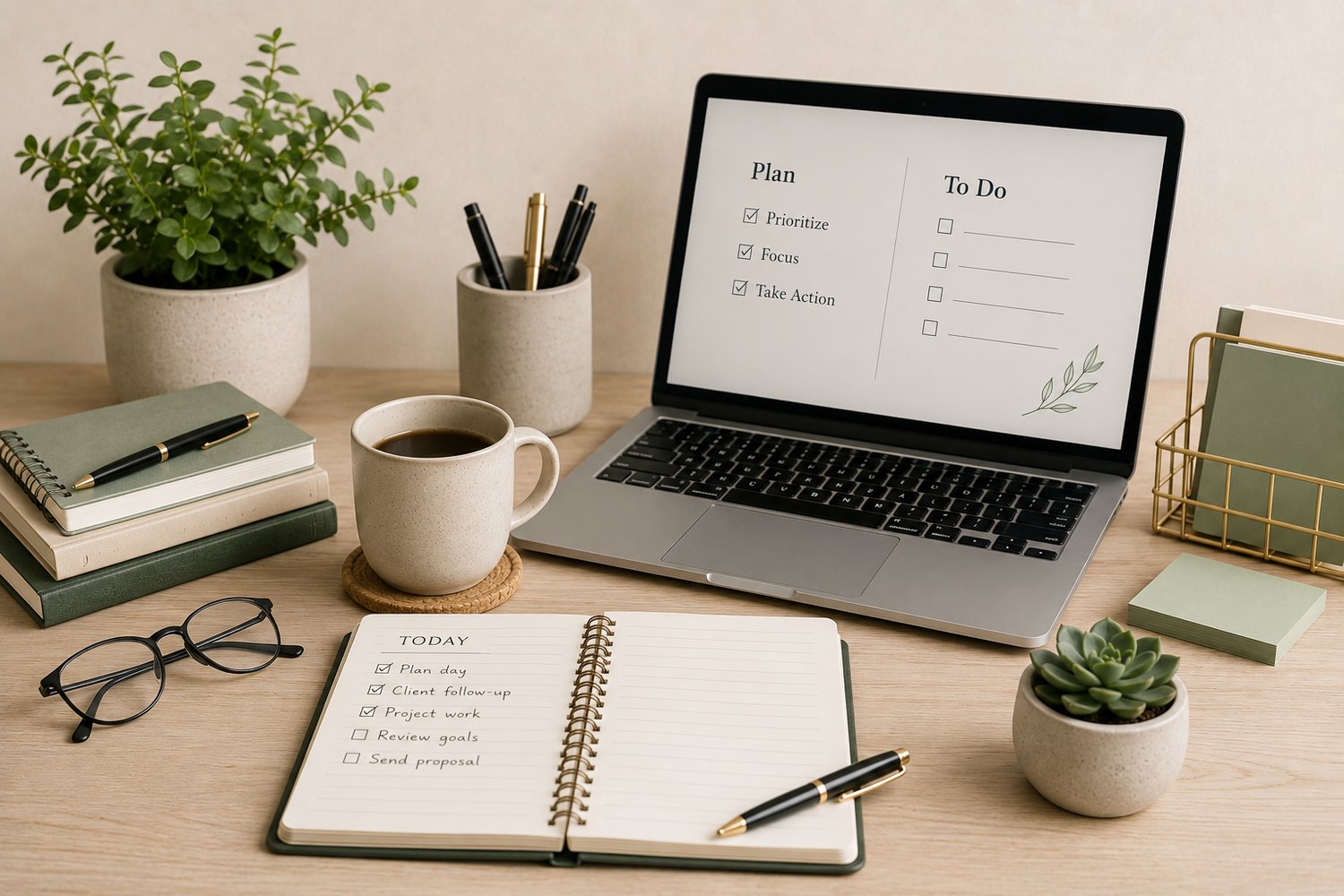 Laptop displaying a to-do list on a desk with a notebook, coffee, and plants.