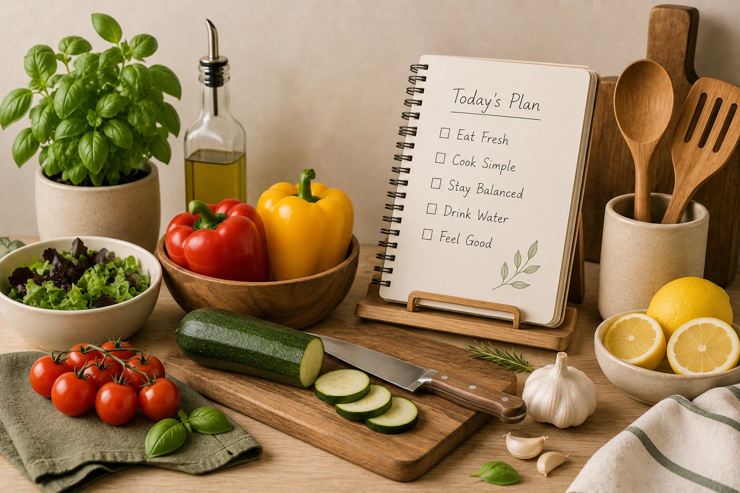 Meal planning notebook beside fresh vegetables, herbs, lemons, and cooking utensils on a kitchen counter.