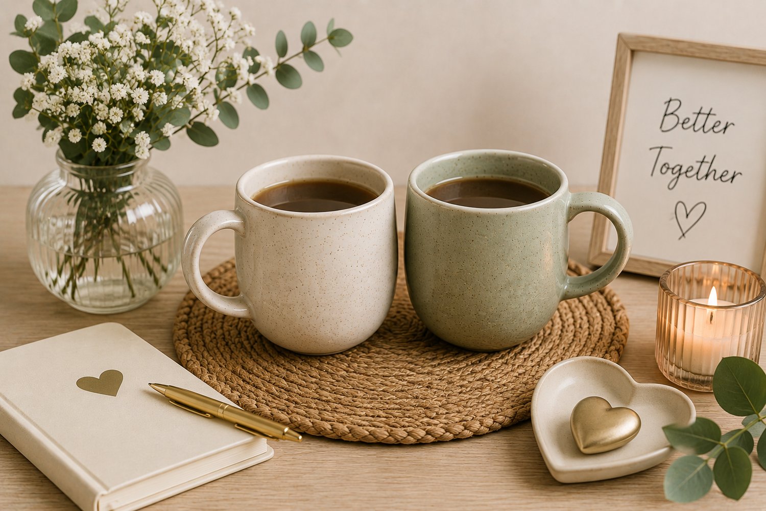 Two coffee mugs beside flowers, a notebook, and a framed “Better Together” sign.