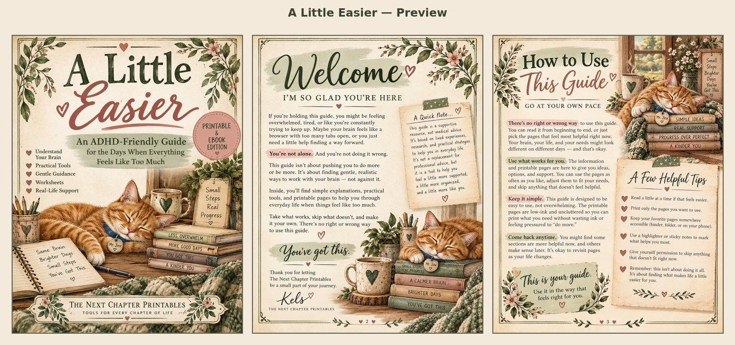 A Little Easier ADHD-friendly ebook and printable guide by The Next Chapter Printables