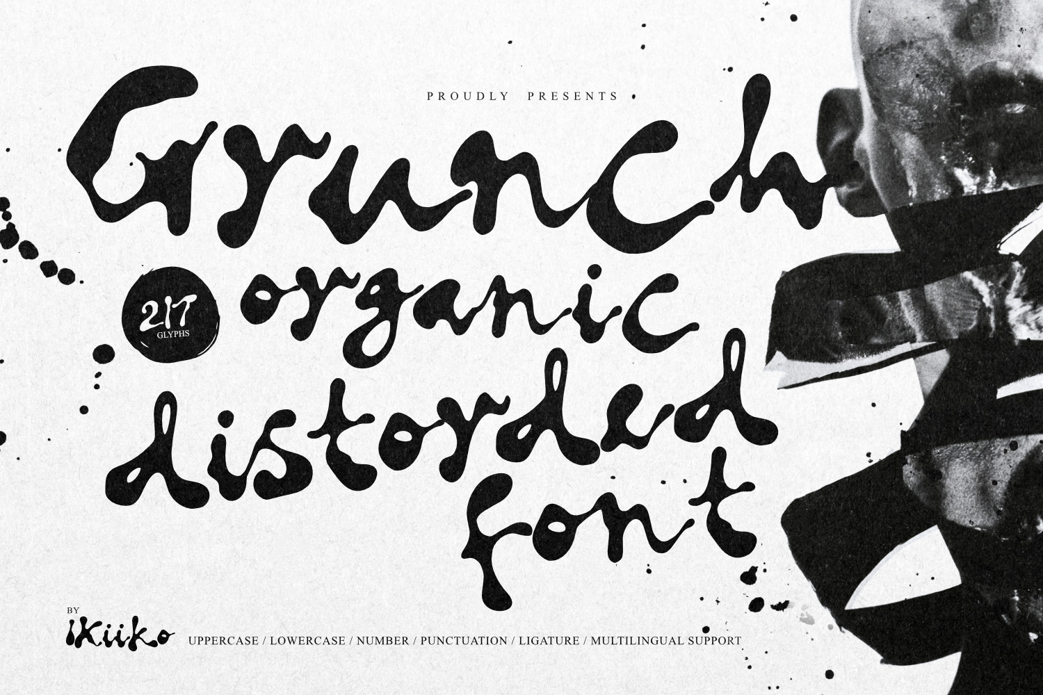 Grunch organic distorted font featuring fluid handmade letterforms, warped shapes, grunge noise, abstract curves, and expressive experimental noir typography