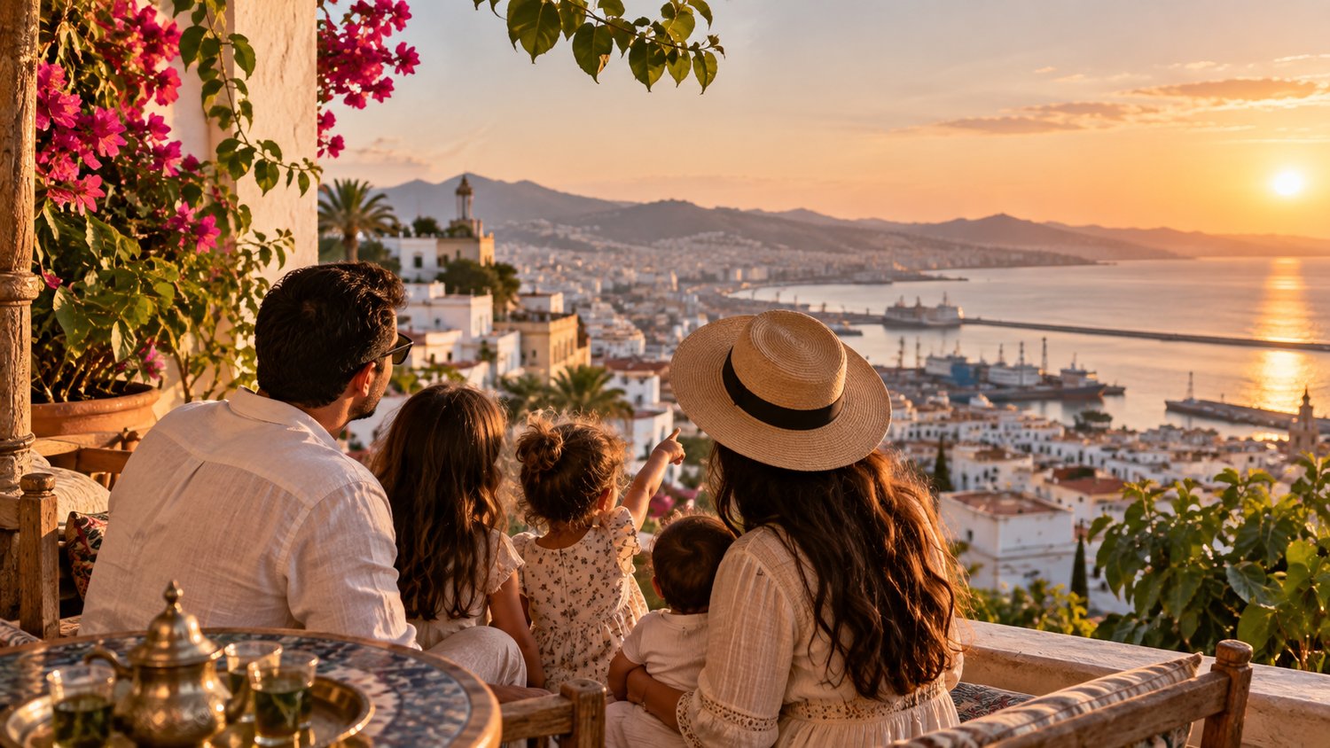 Famille préparant son expatriation en Algérie avec vue sur Alger au coucher du soleil