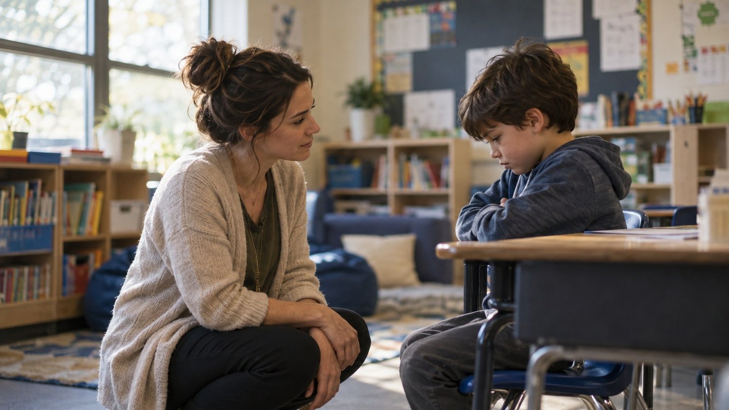 Teacher kneeling at eye level beside an upset student in a calm classroom