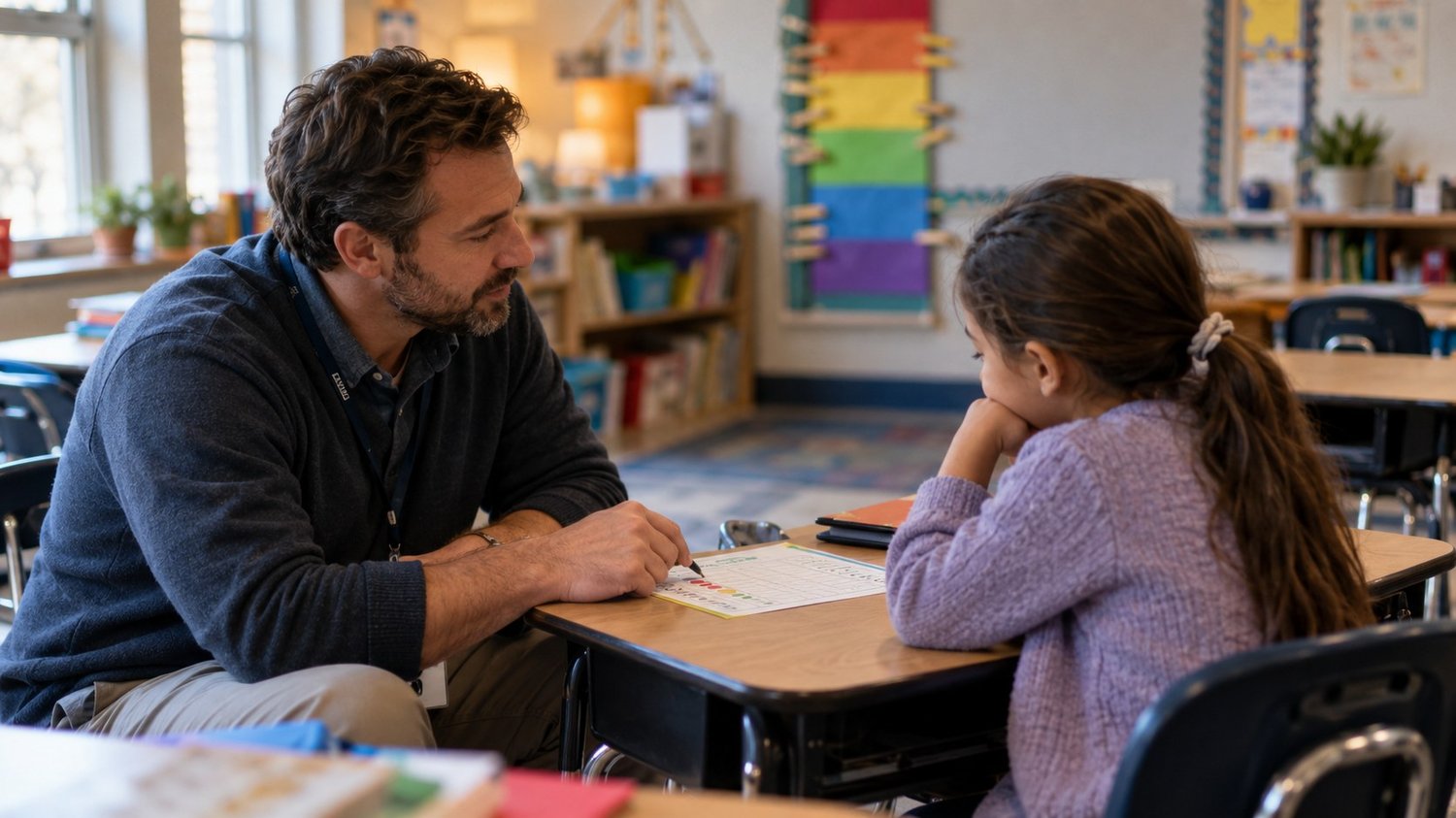 Teacher talking privately with a student at her desk, a clip chart blurred in the background