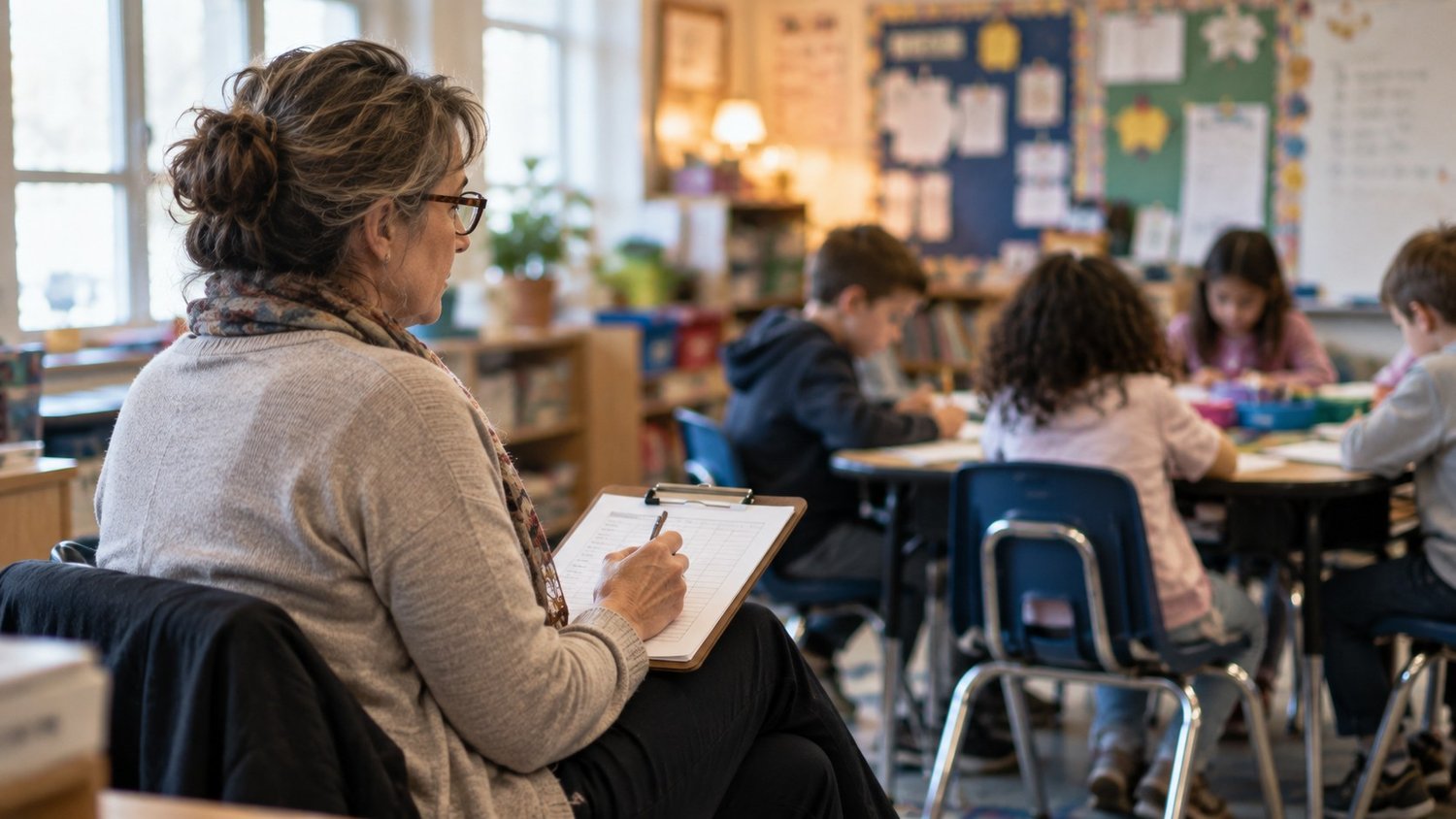 Special education teacher observing students with a clipboard checklist