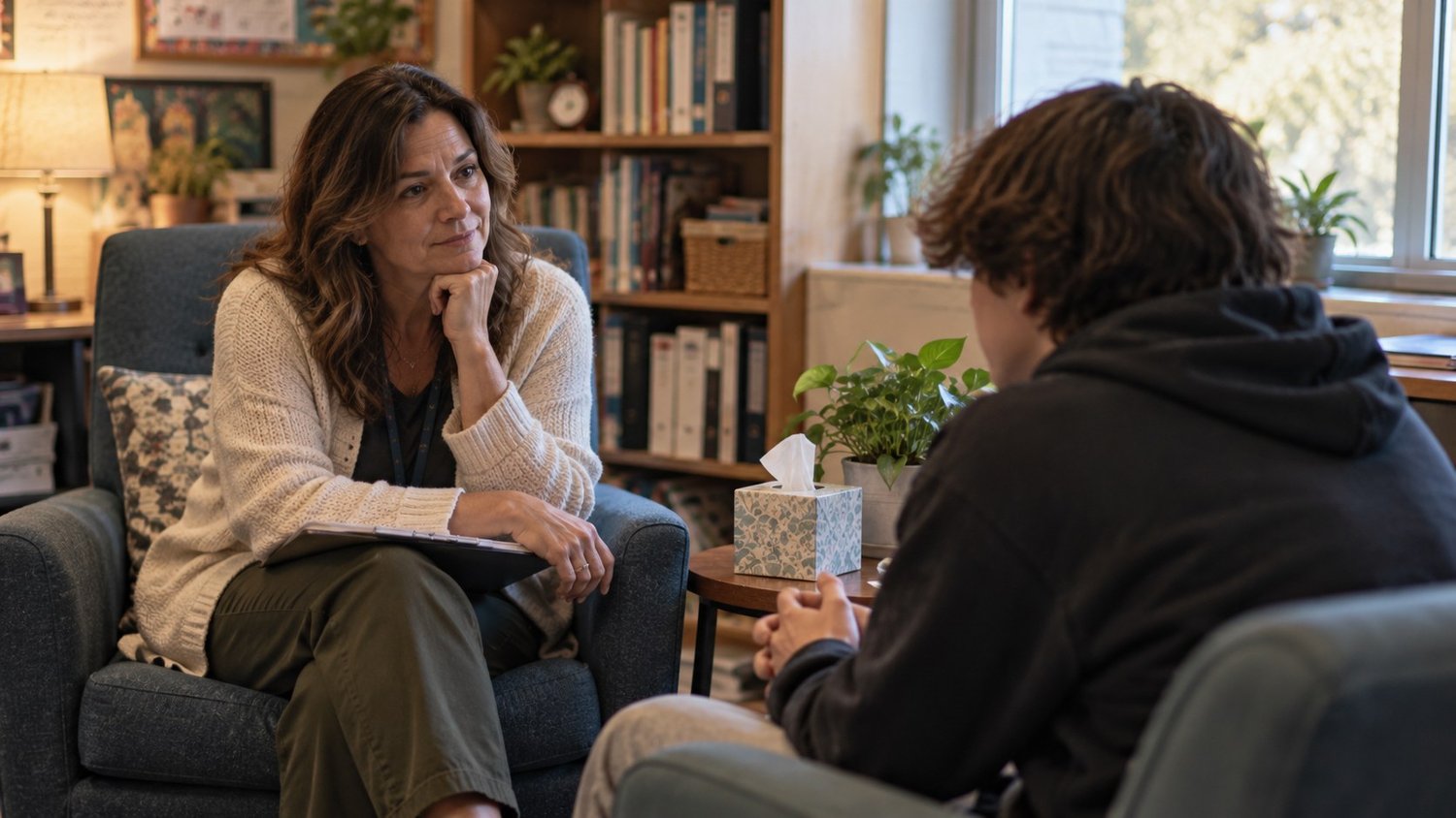 School counselor listening to a student in a calm office