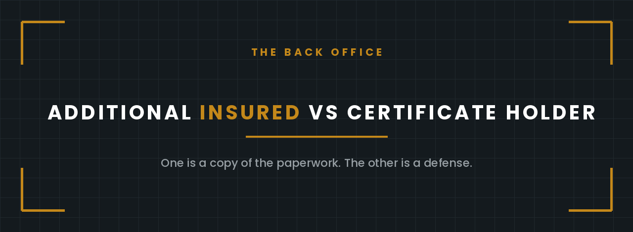 Additional insured vs certificate holder header: one is a copy of the paperwork, the other is a defense for contractors and GCs