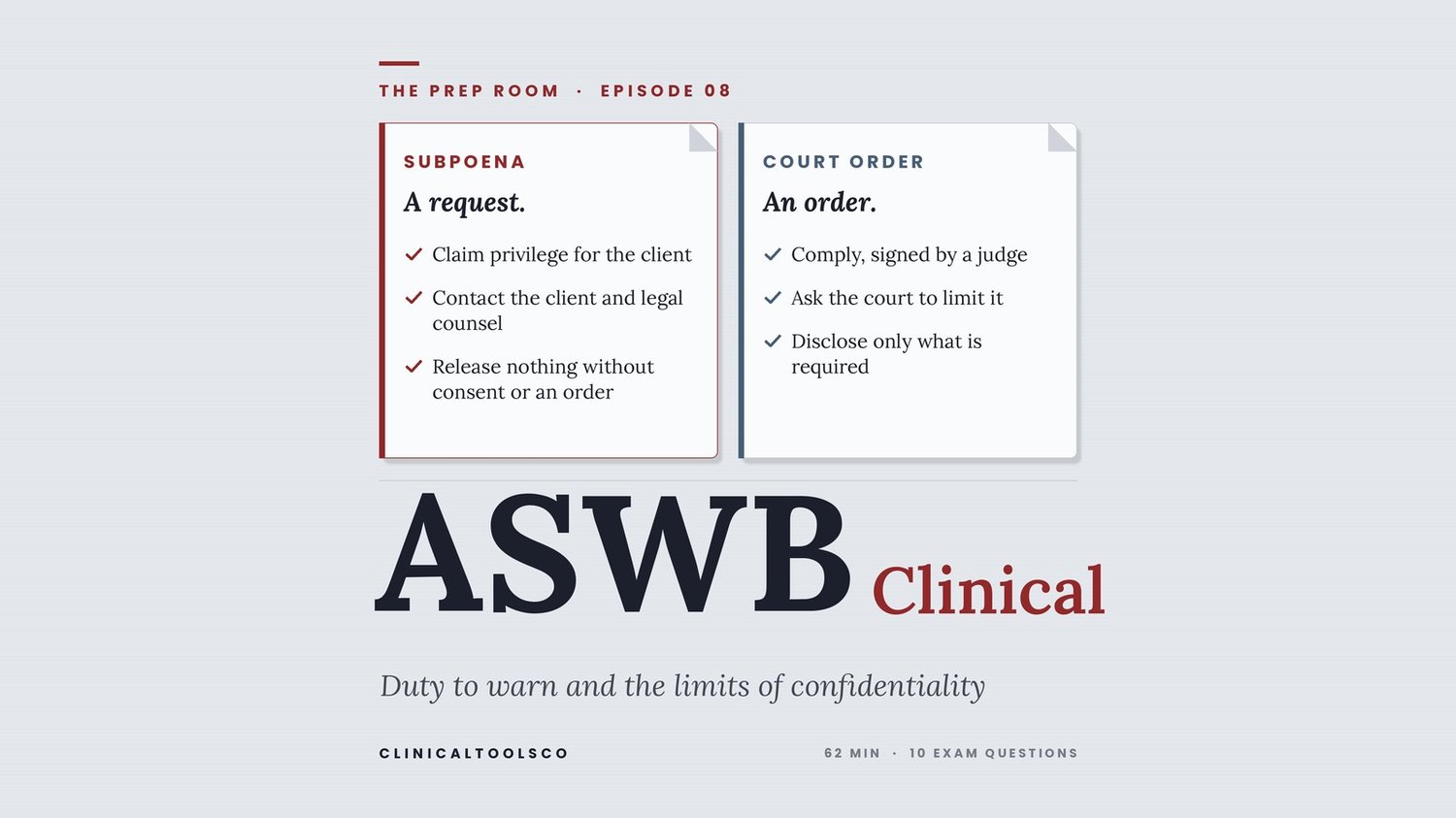 The Prep Room Episode 8 cover: ASWB Clinical. Duty to warn and the limits of confidentiality.