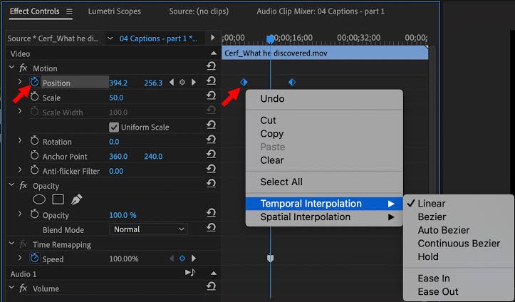 Screenshot of premiere pro keyframes