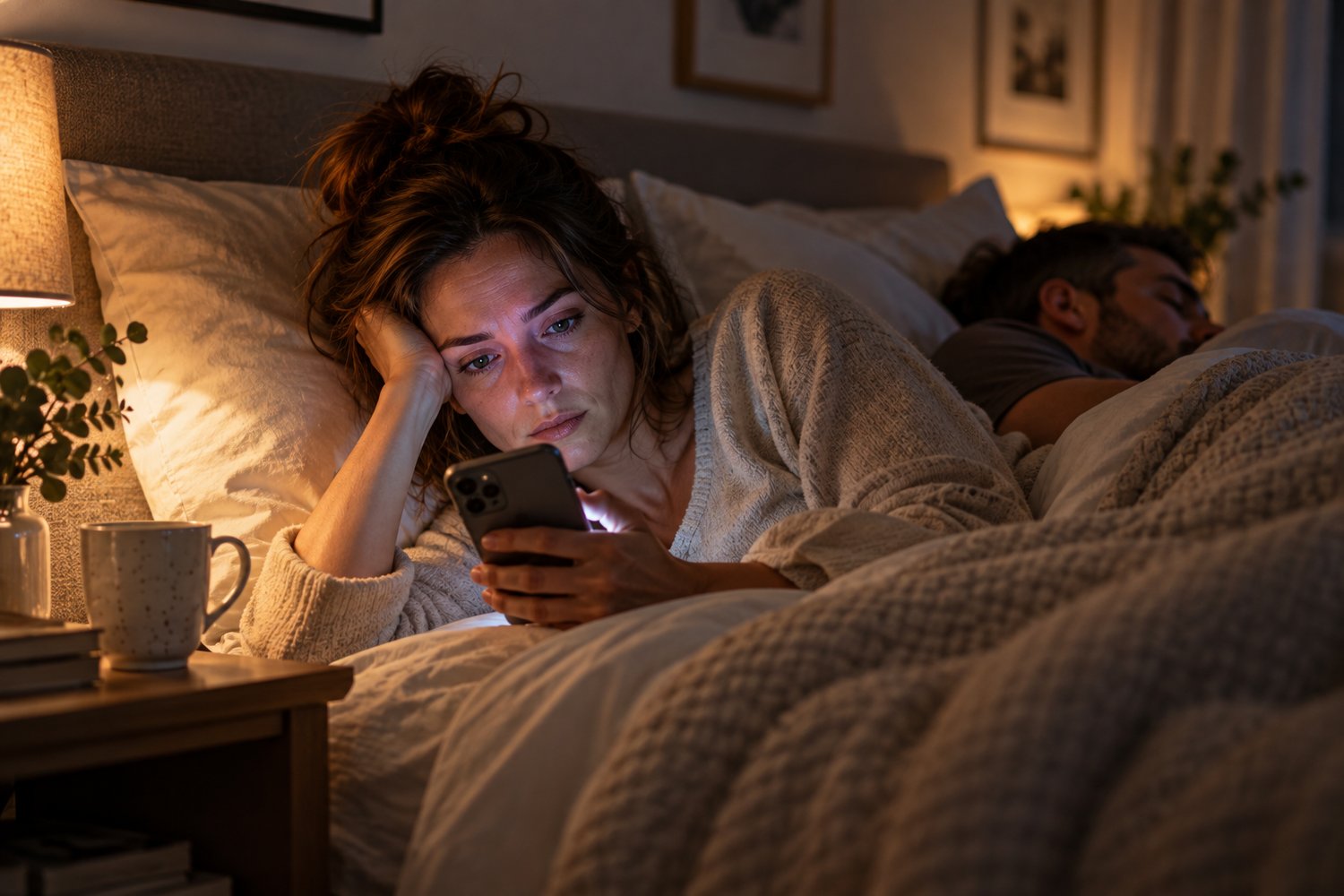 Woman lying awake in bed checking her phone while her partner sleeps beside her, reflecting the anxiety of always waiting for something bad to happen
