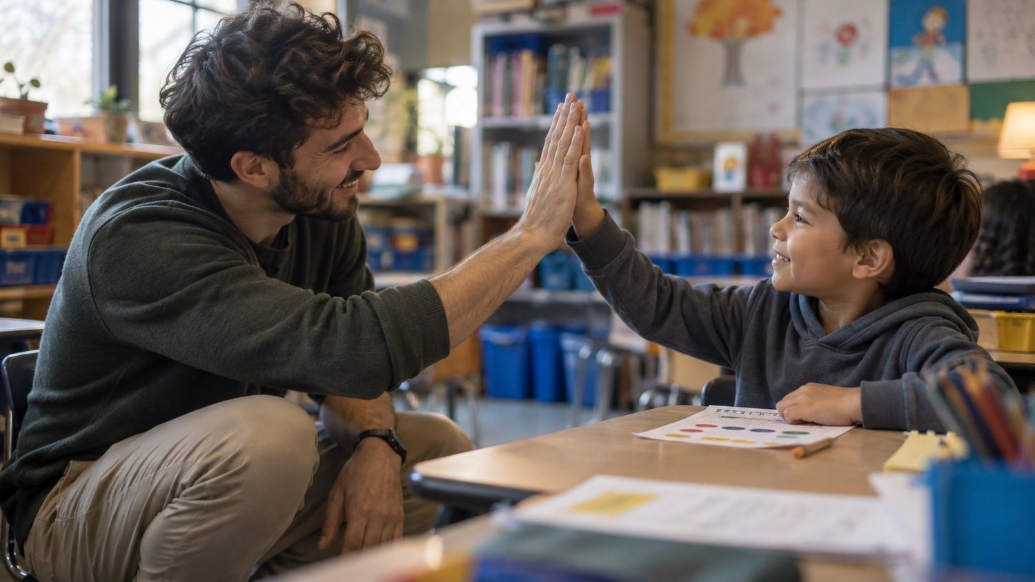 Teacher giving a quiet high-five to a student at a desk with a sticker chart