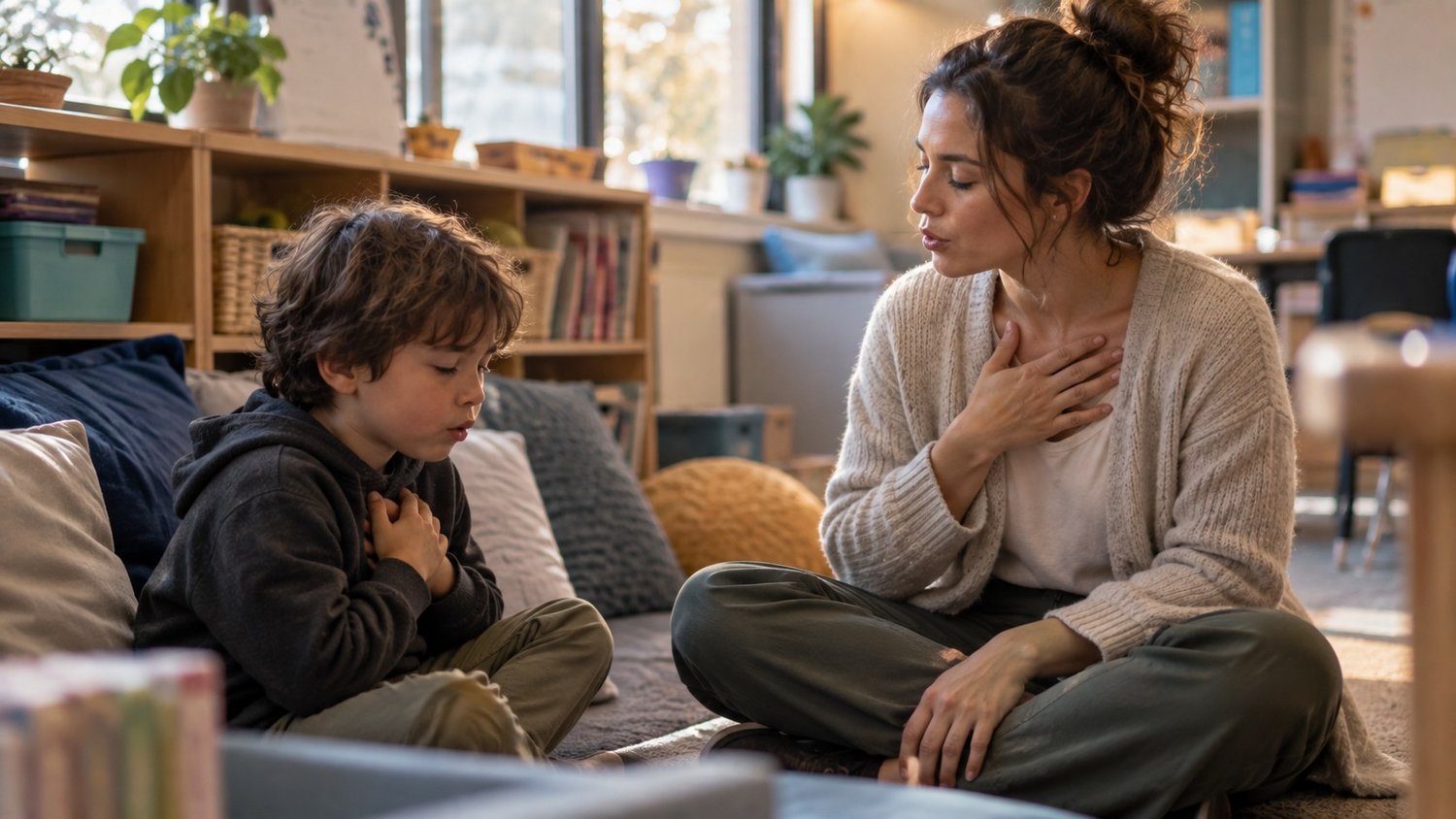 Teacher sitting beside an upset child in a calm corner, breathing slowly together