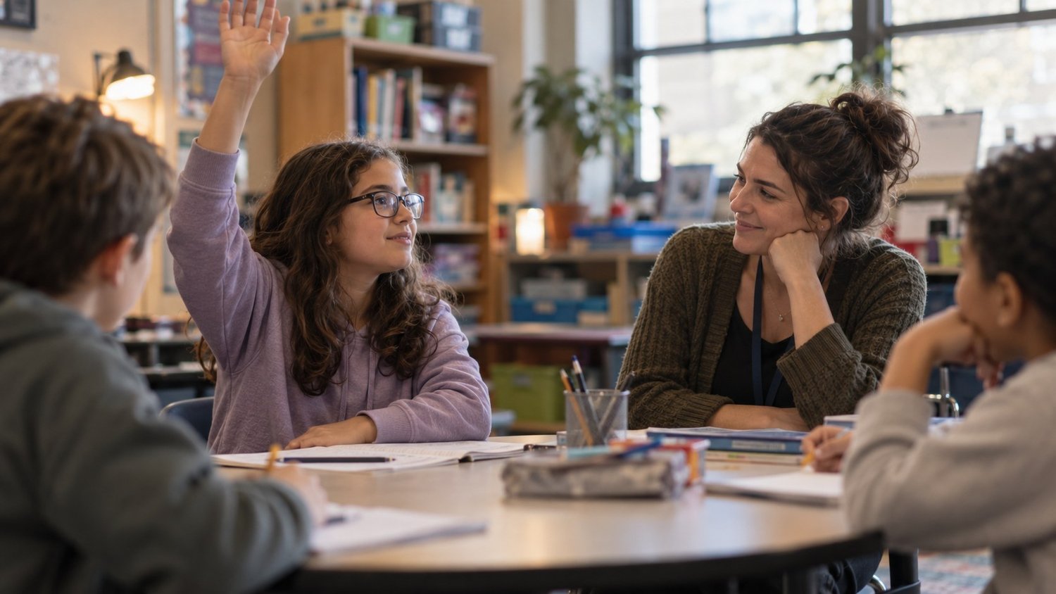 Student confidently raising her hand in a small group lesson with a supportive teacher
