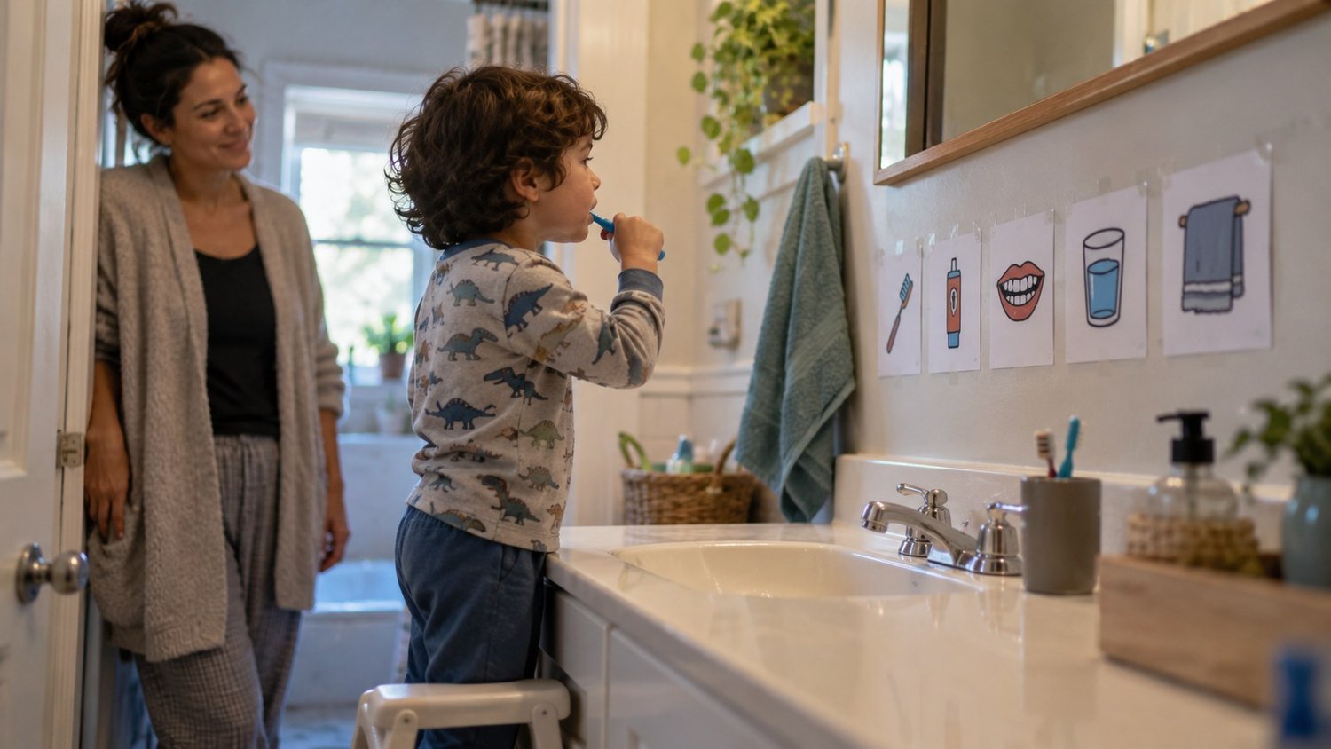 Child brushing teeth while following picture routine cards on the bathroom wall