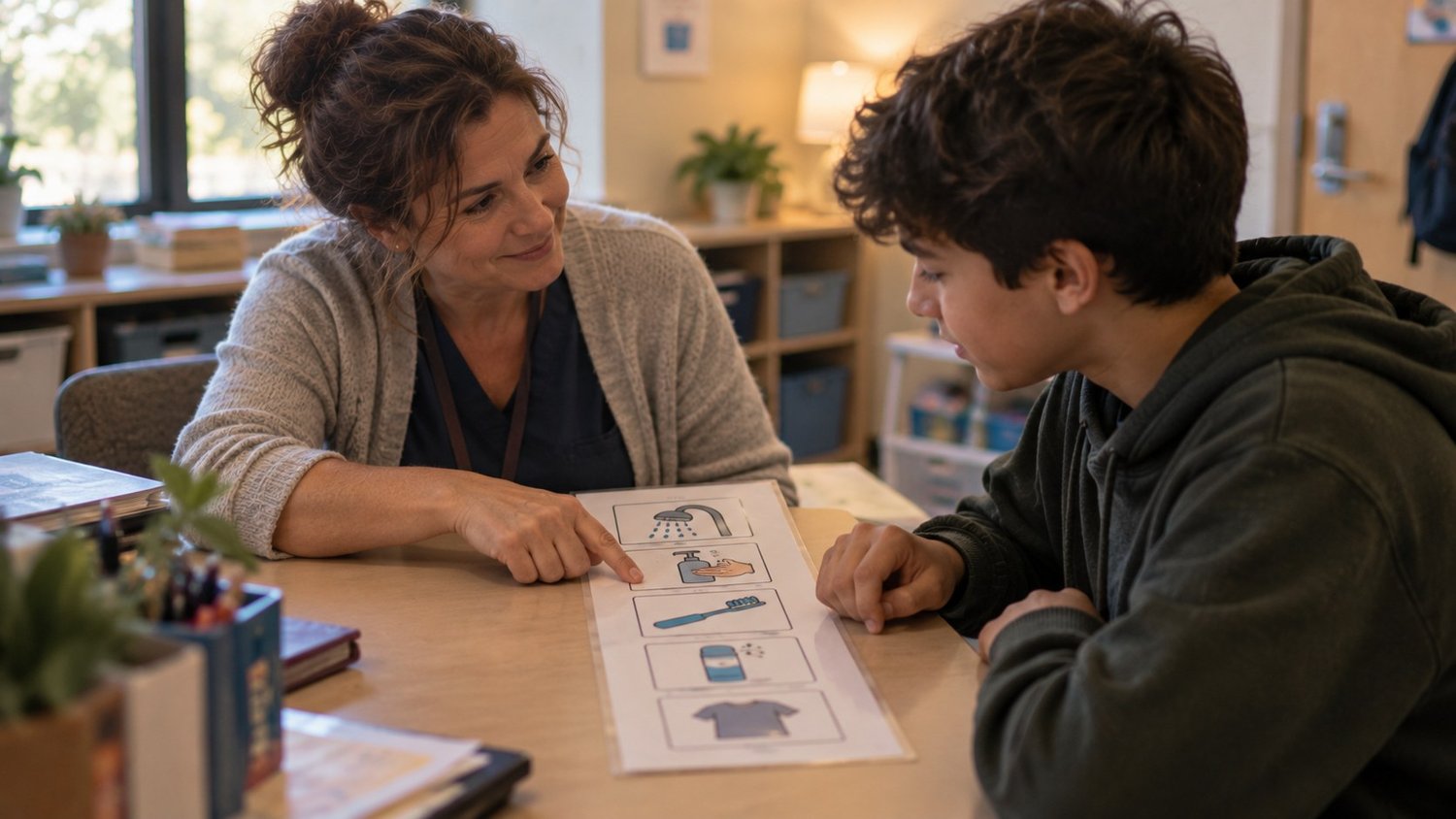 School nurse and a teenage student reviewing a picture hygiene checklist together