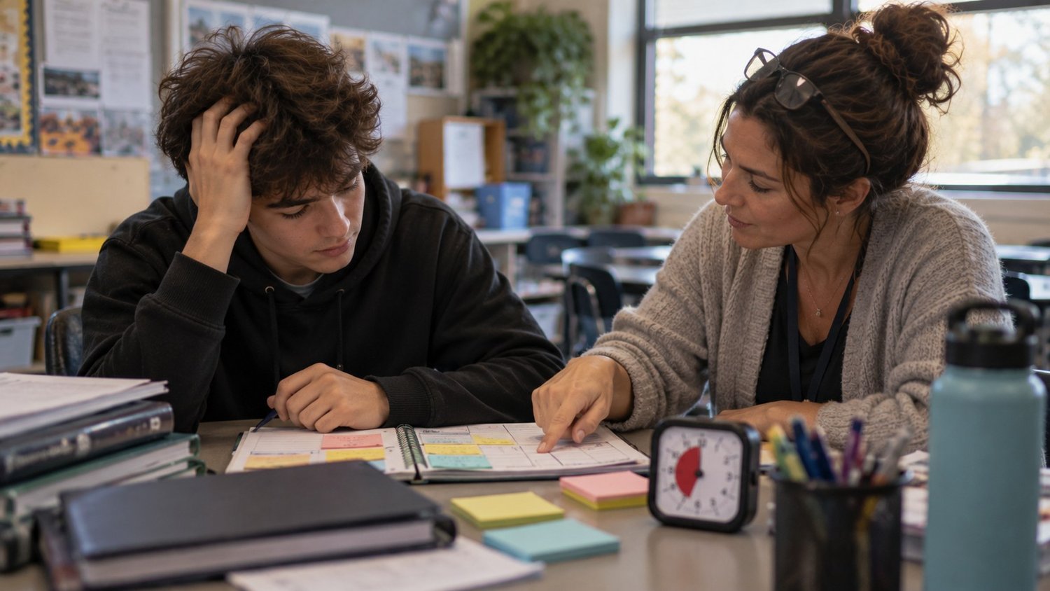 Teacher helping a student break a task into steps using a planner