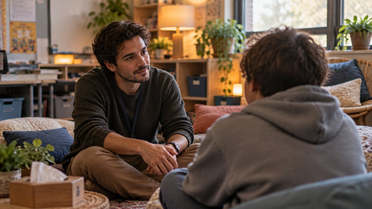 Teacher speaking gently with a student in a cozy classroom calm corner