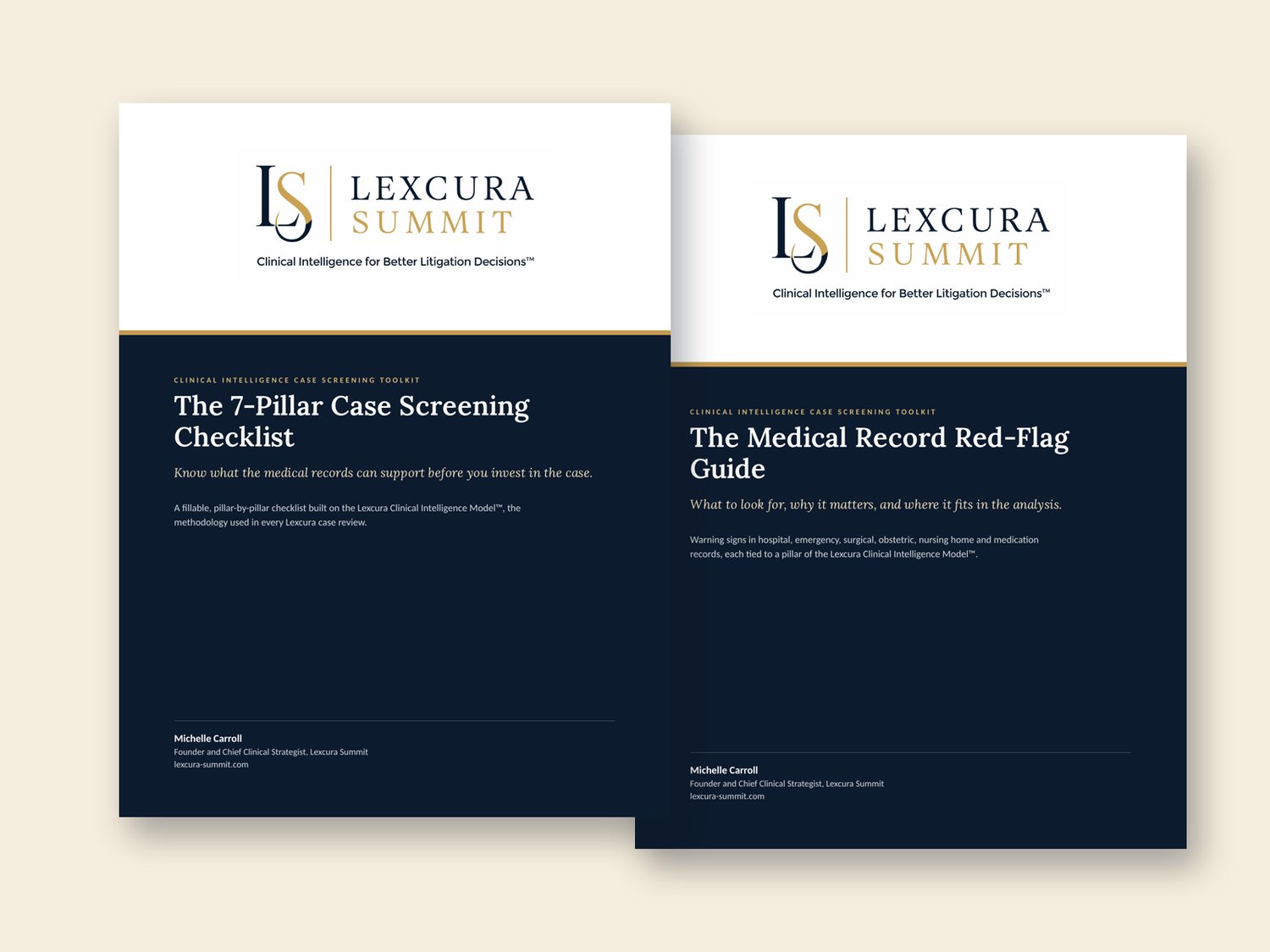 Covers of Lexcura Summit's 7-Pillar Case Screening Checklist and Medical Record Red-Flag Guide