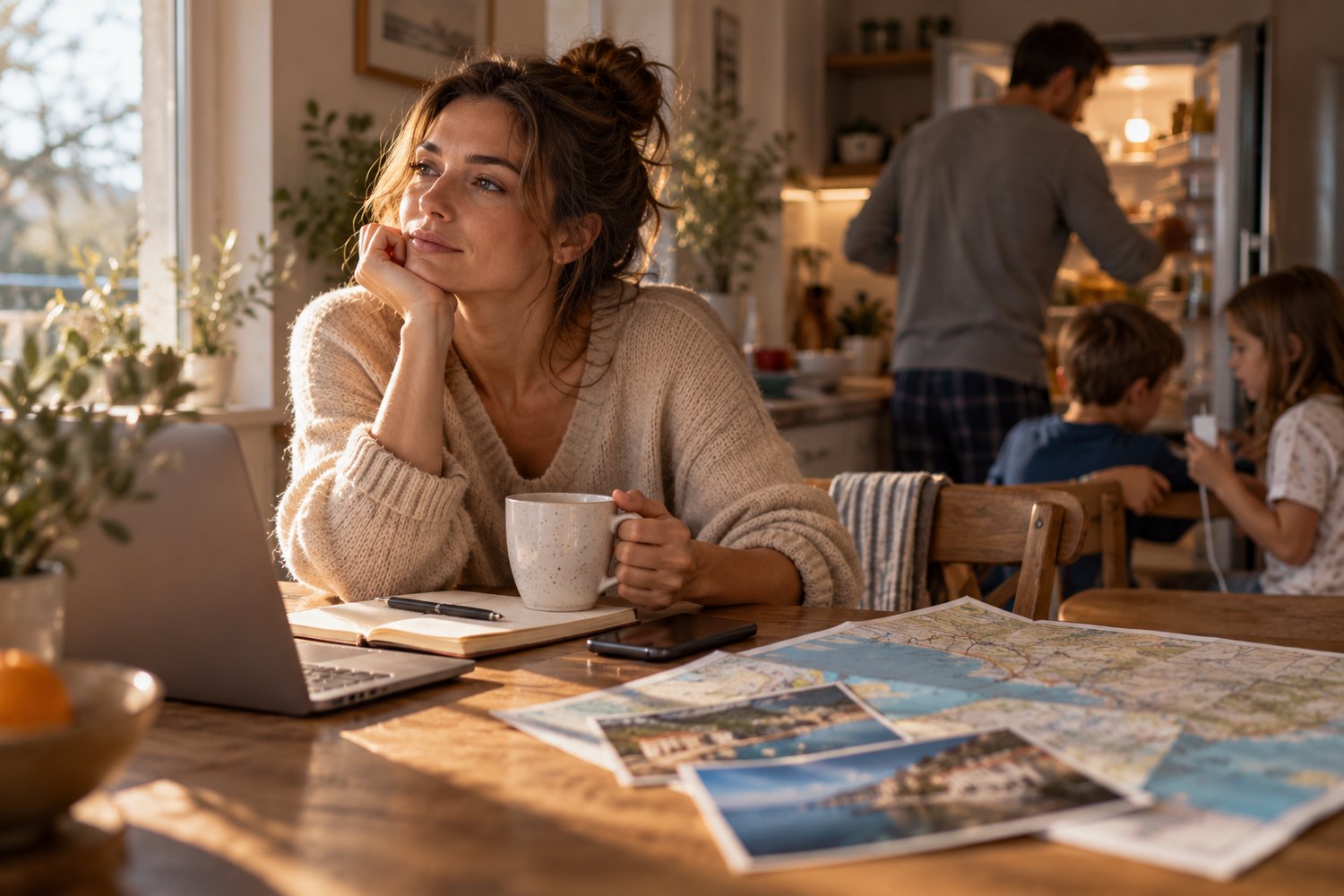Woman sitting at a kitchen table with a map and travel photos while her family goes about their morning, reflecting on the guilt of wanting more from life even when she is grateful for what she already has