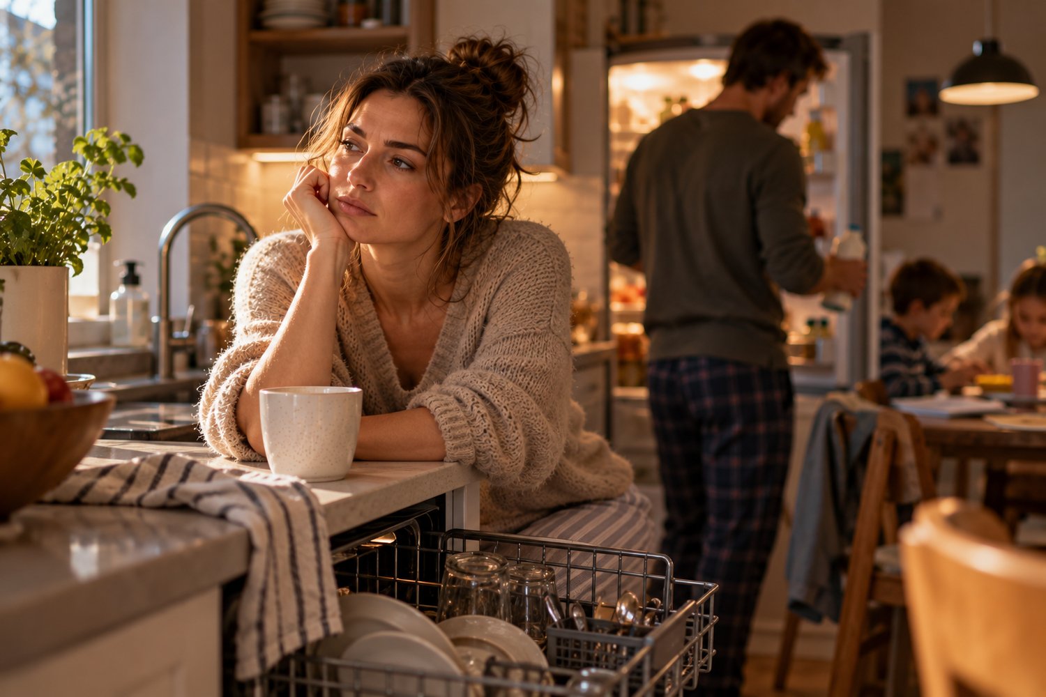 Woman sitting in a busy family kitchen while her husband searches the refrigerator, reflecting the exhaustion and irritation that can build when everyday mental load becomes too much.